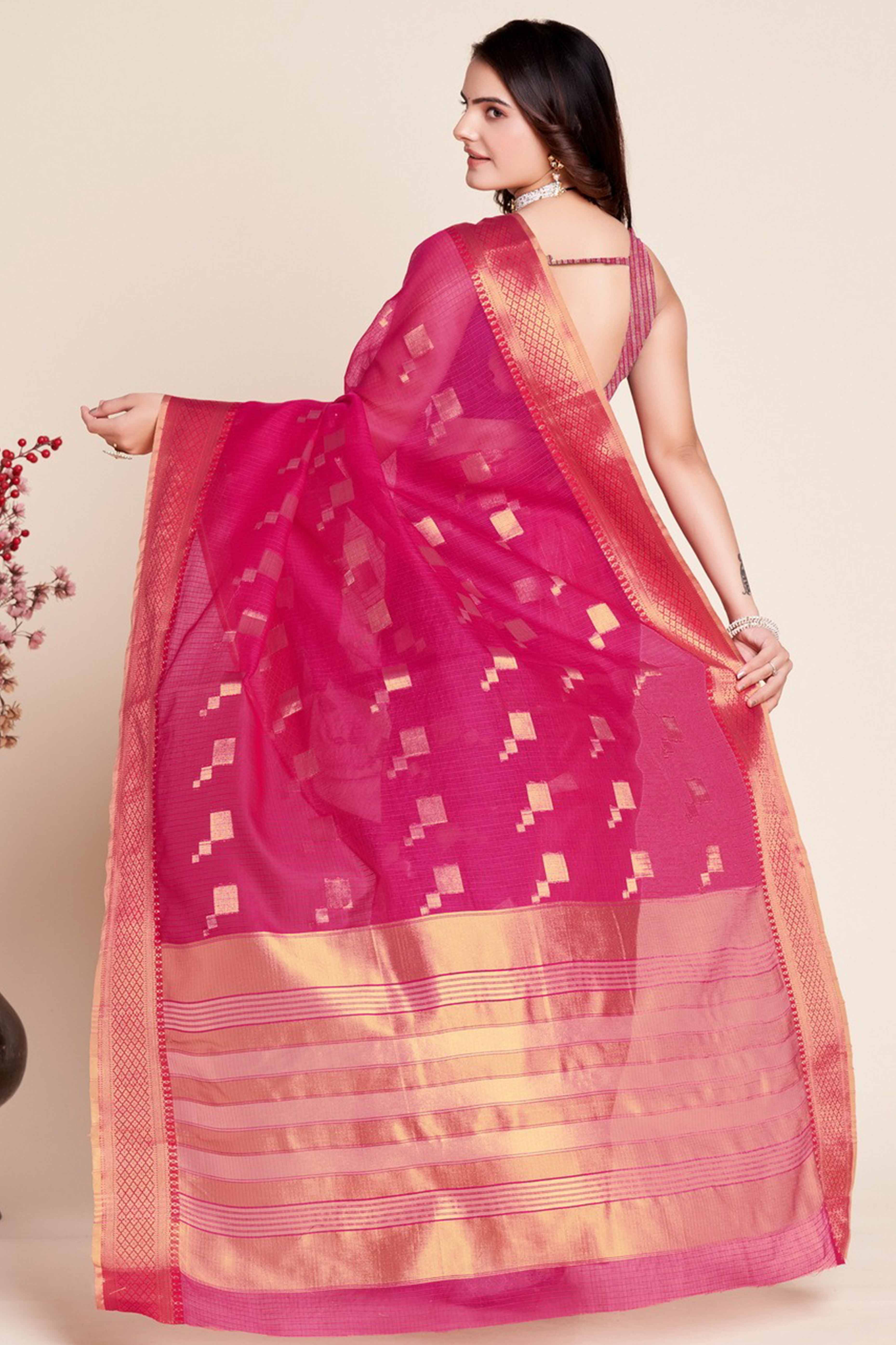 Pink Zari Weaving Kota Doria Saree