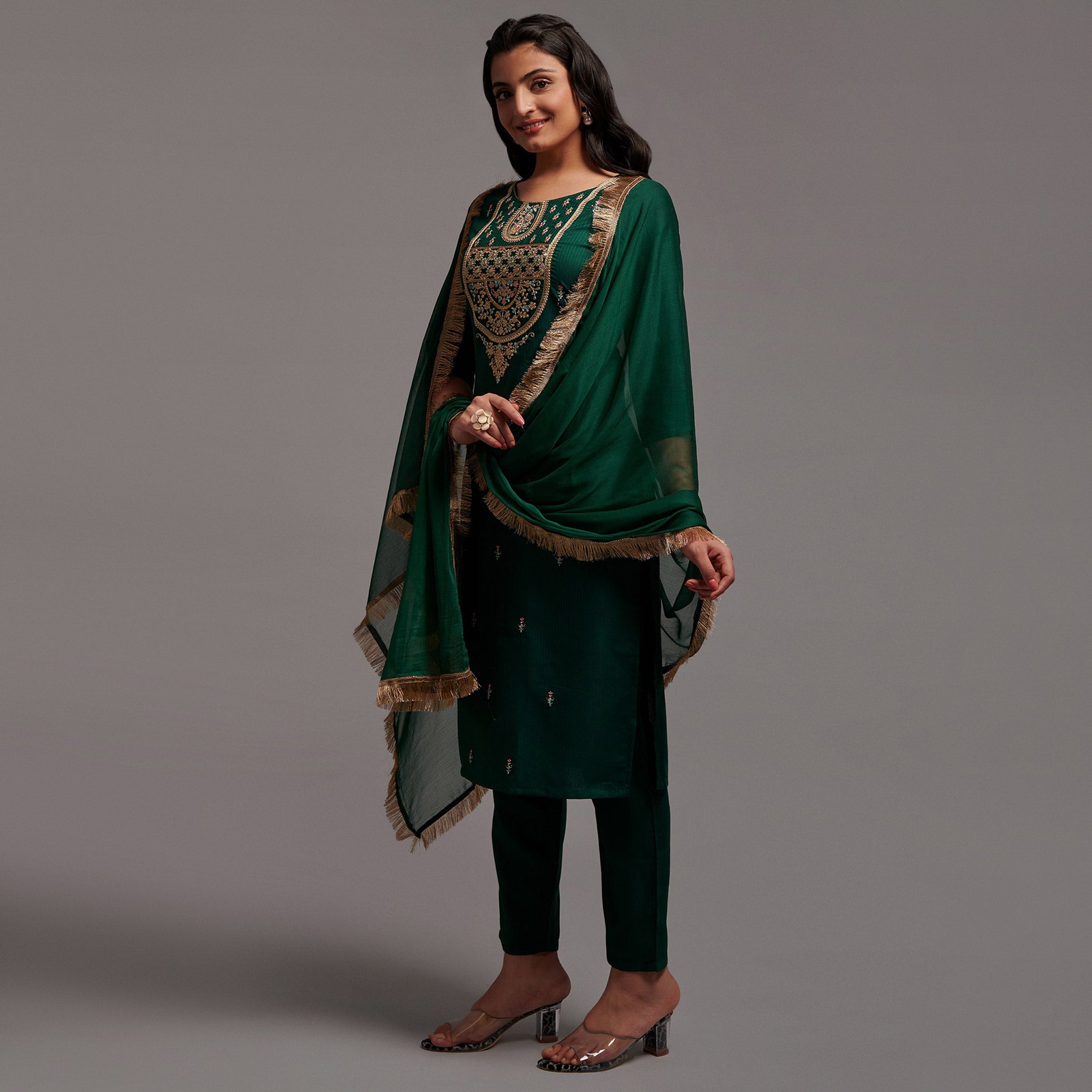 Green Floral Embroidered Viscose Kurti Set