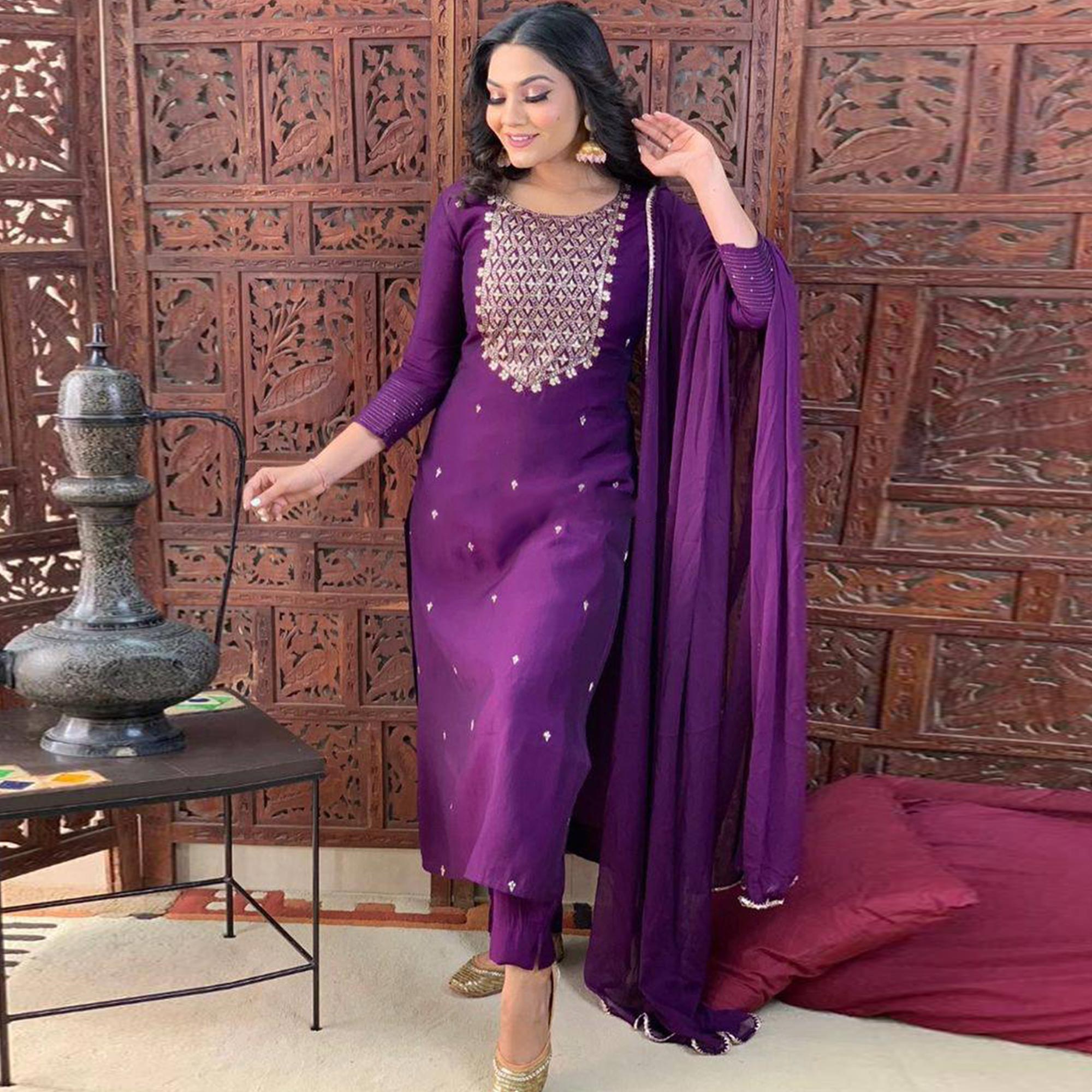 Purple Sequins Embroidered Rayon Silk Kurti Set