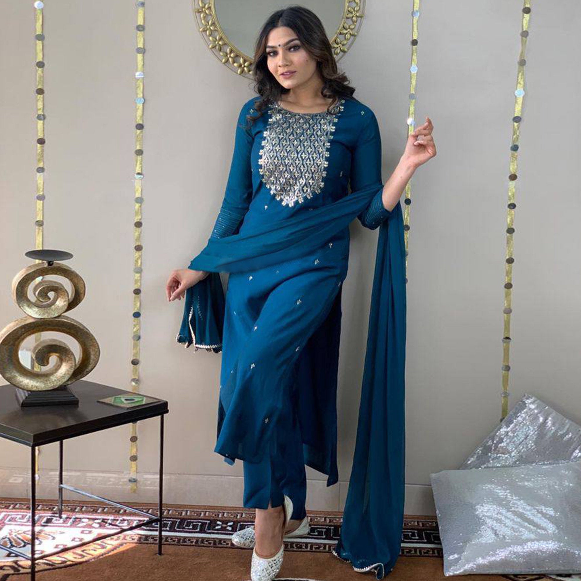 Blue Sequins Embroidered Rayon Kurti Set