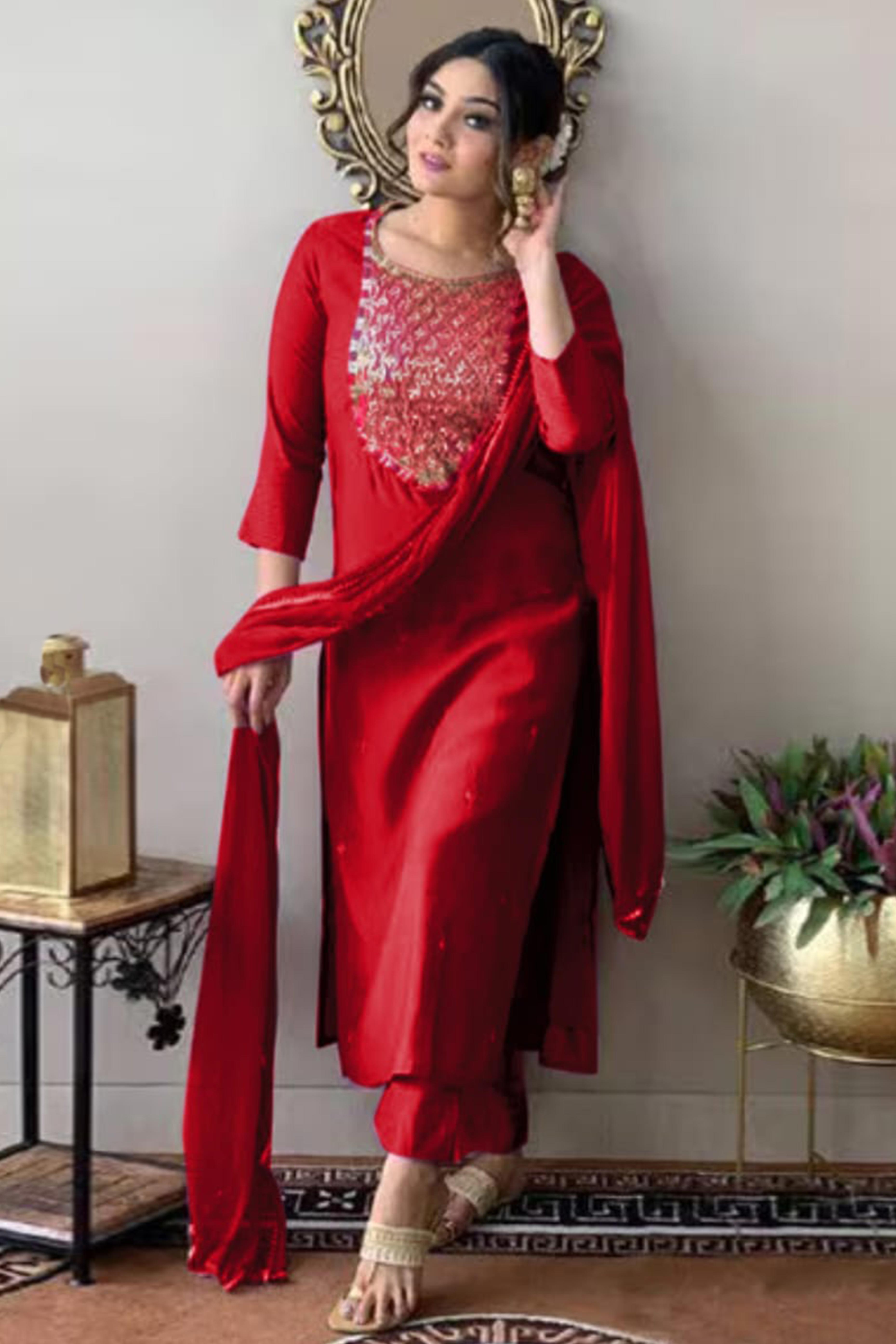 Red Sequins Embroidered Rayon Salwar Suit