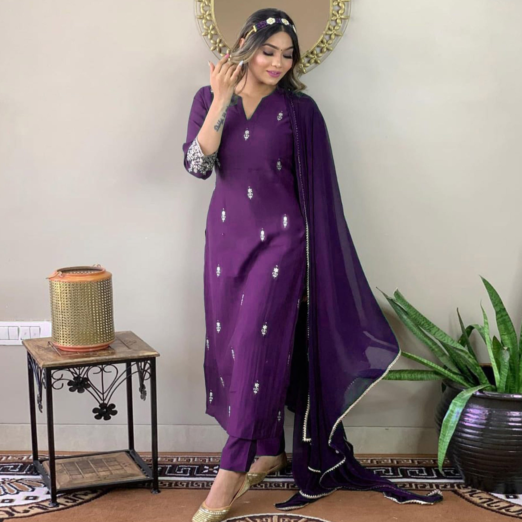 Purple Floral Embroidered Viscose Kurti Set