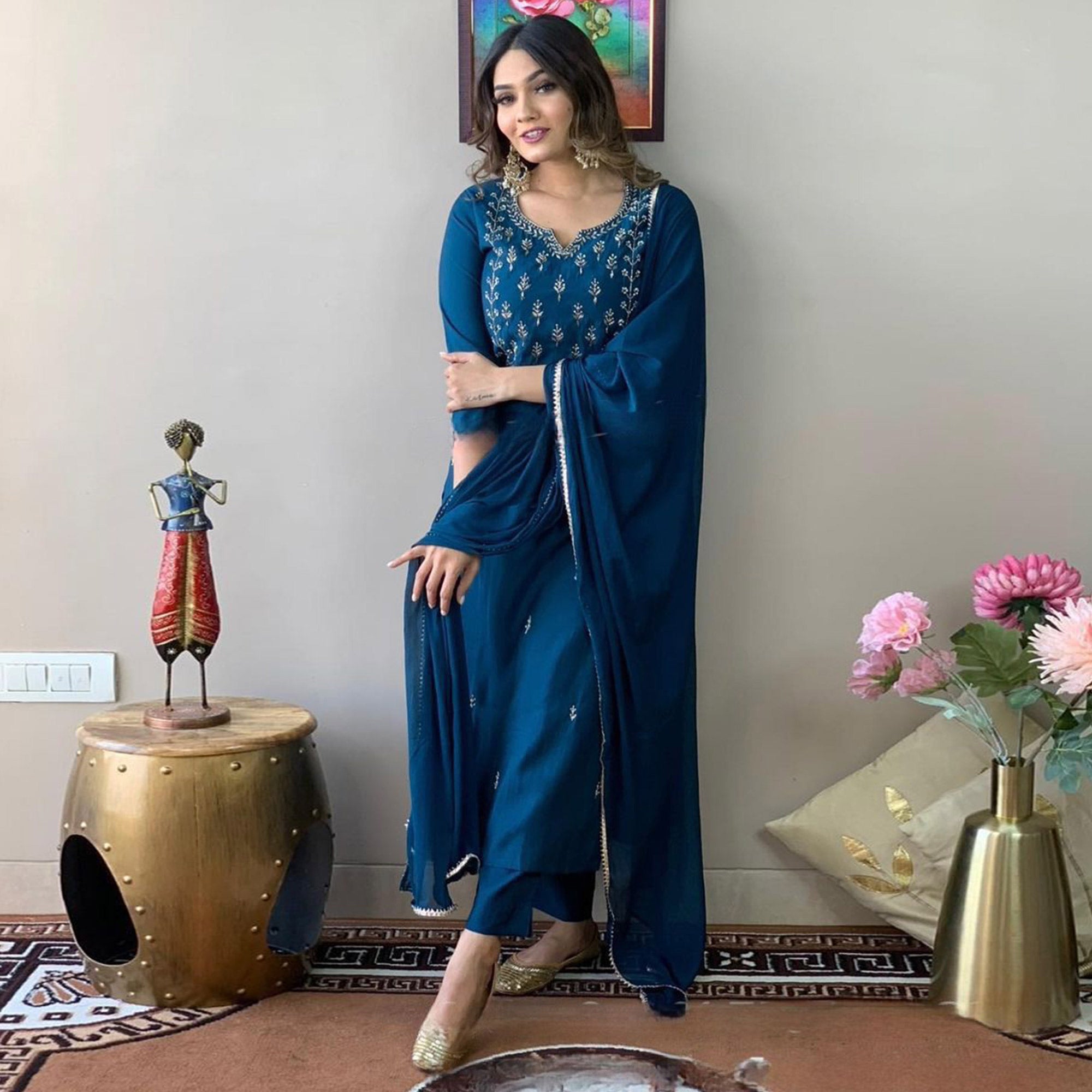 Blue Embroidered Rayon Suit