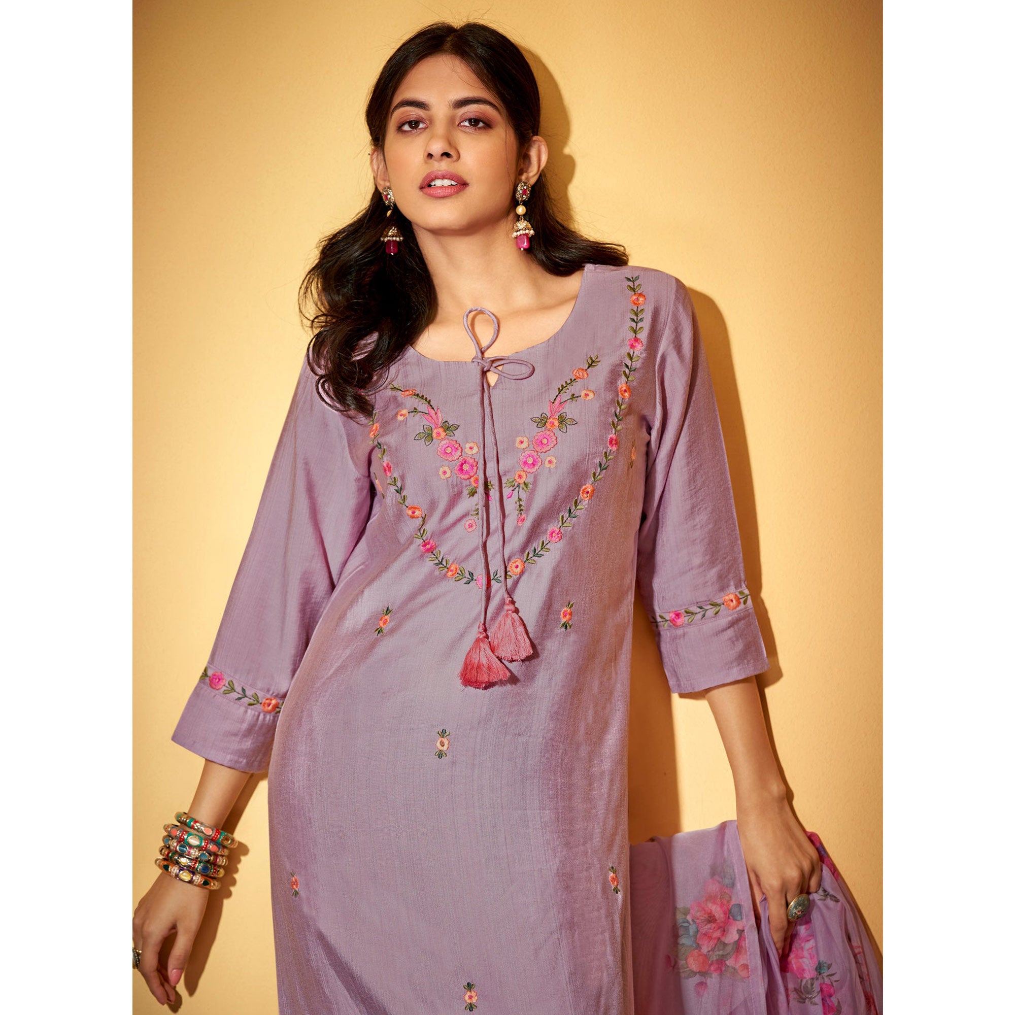 Purple Floral Embroidered Viscose Suit