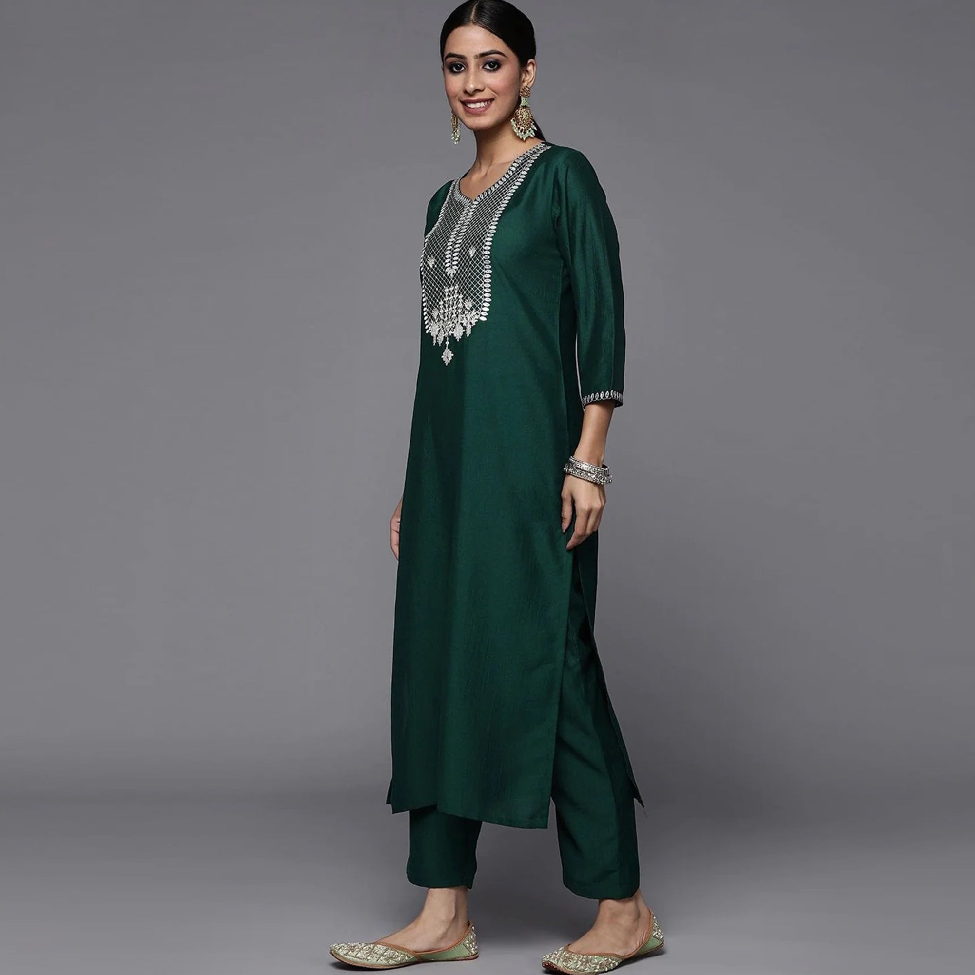 Green Embroidered Rayon Silk Kurti Set