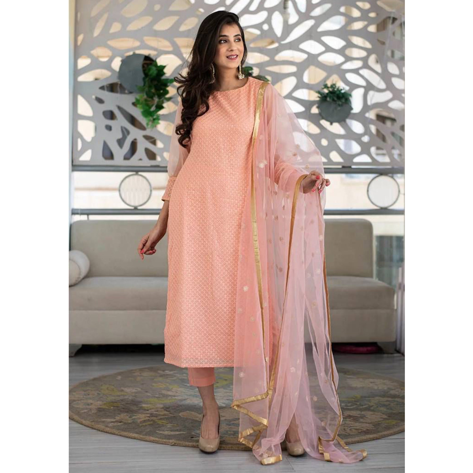 Peach Embroidered Rayon Silk Suit