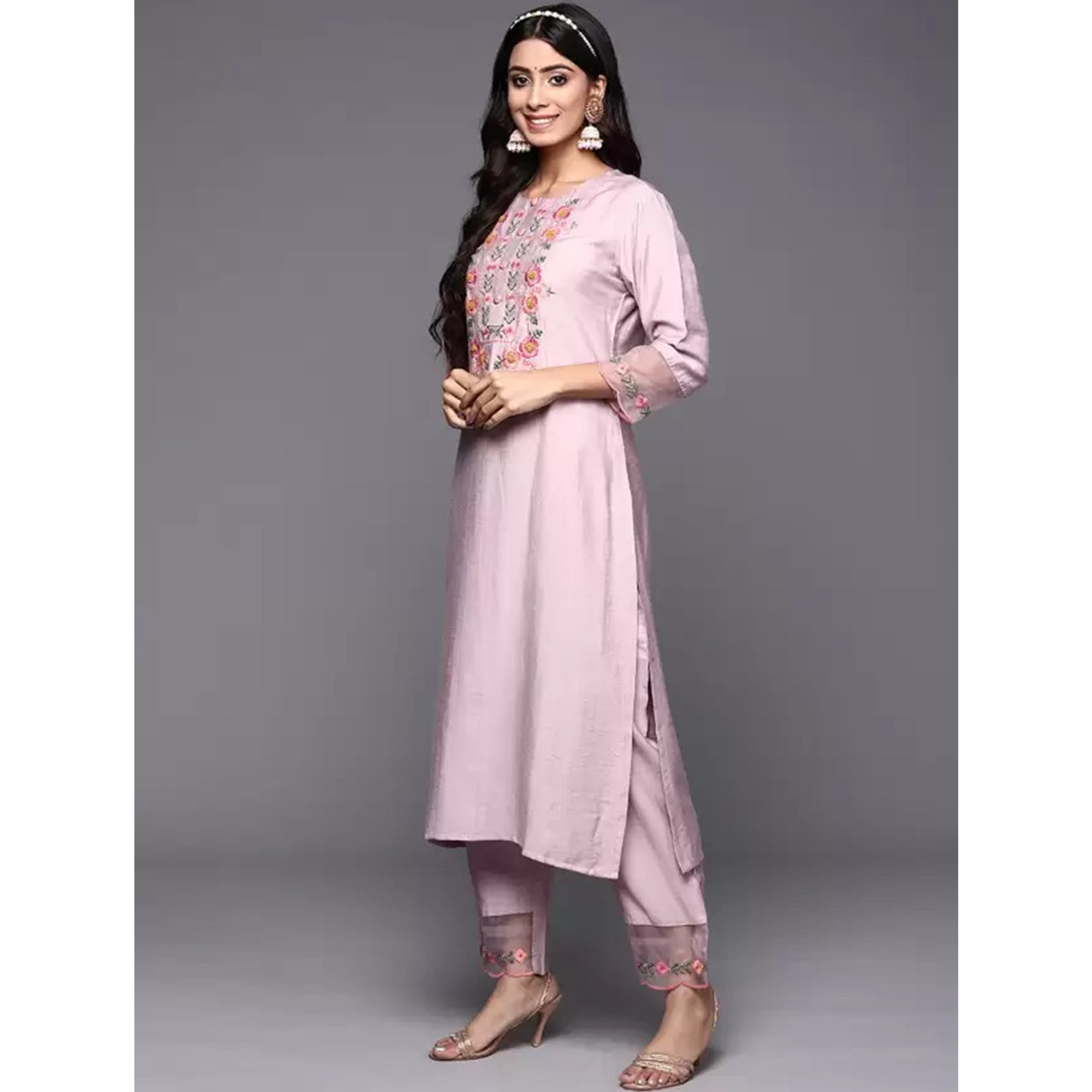 Pink Floral Embroidered Viscose Suit