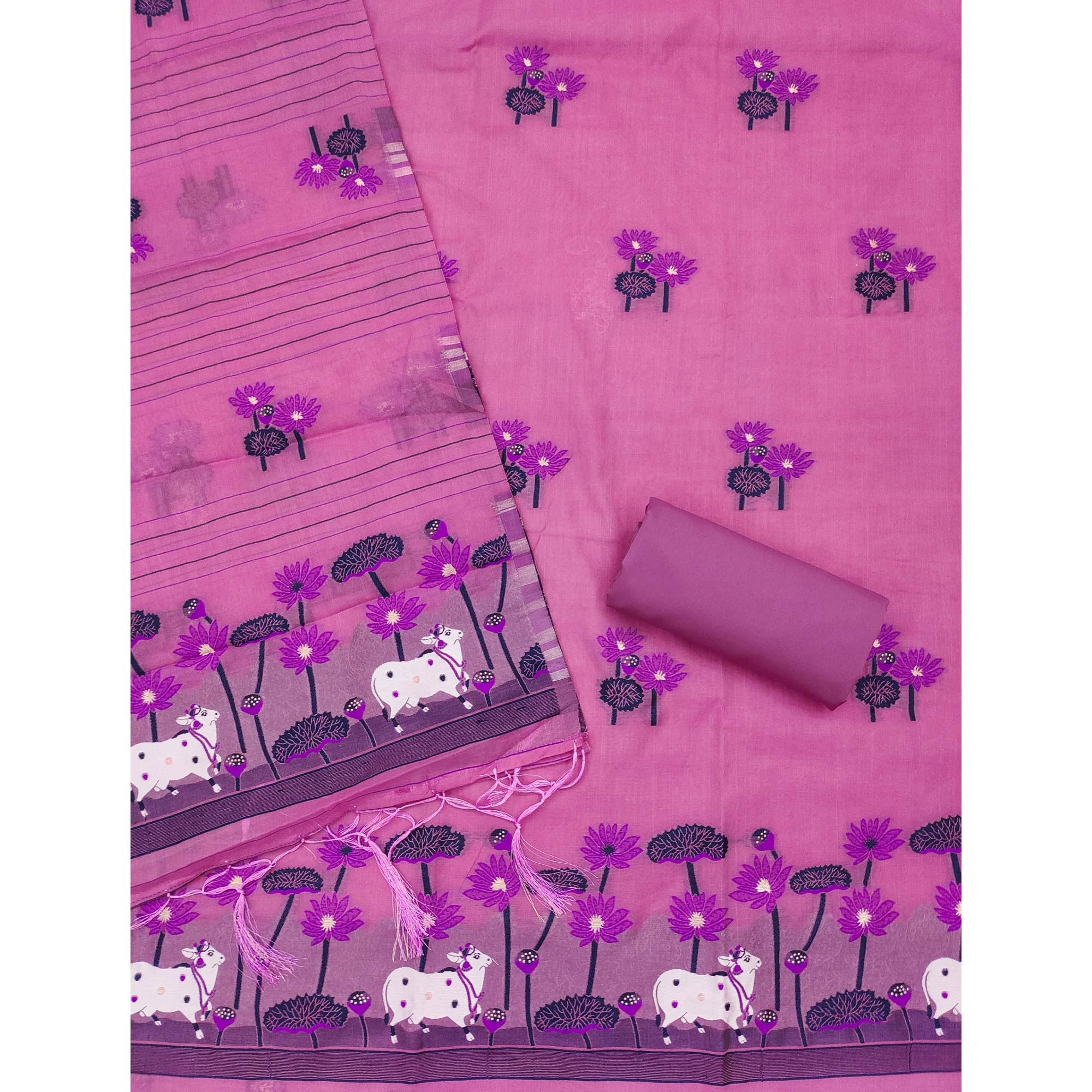 Pink Cotton Blend Dress Material With Intricate Floral Zari Weaving Detail