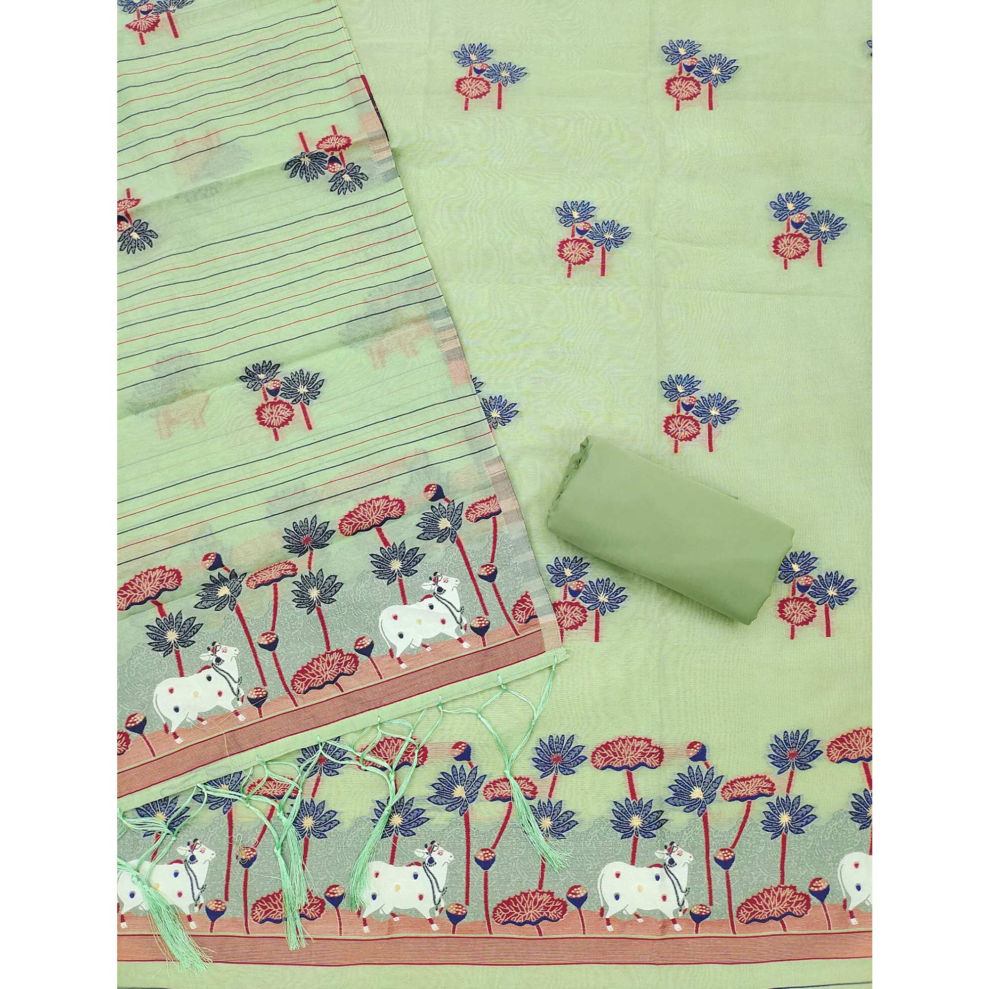 Pista Green Cotton Blend Dress Material With Intricate Floral Zari Weaving Detail