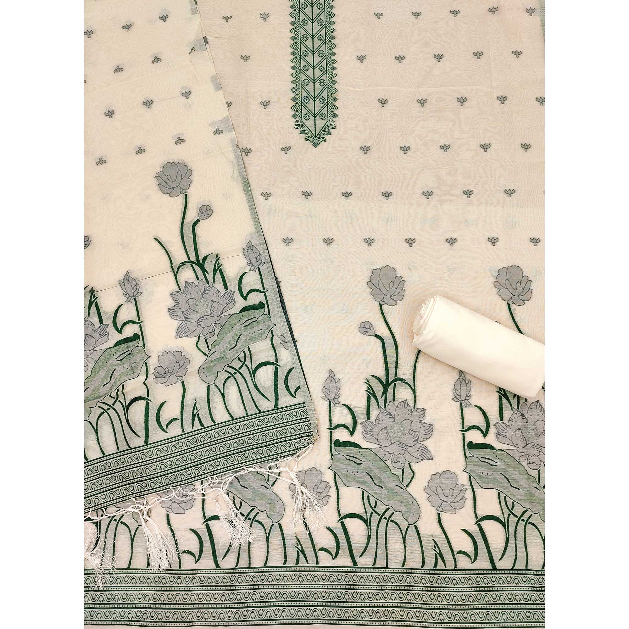 Cream Ethnic Dress Material Showcasing Handloom Style Floral Zari Weaving