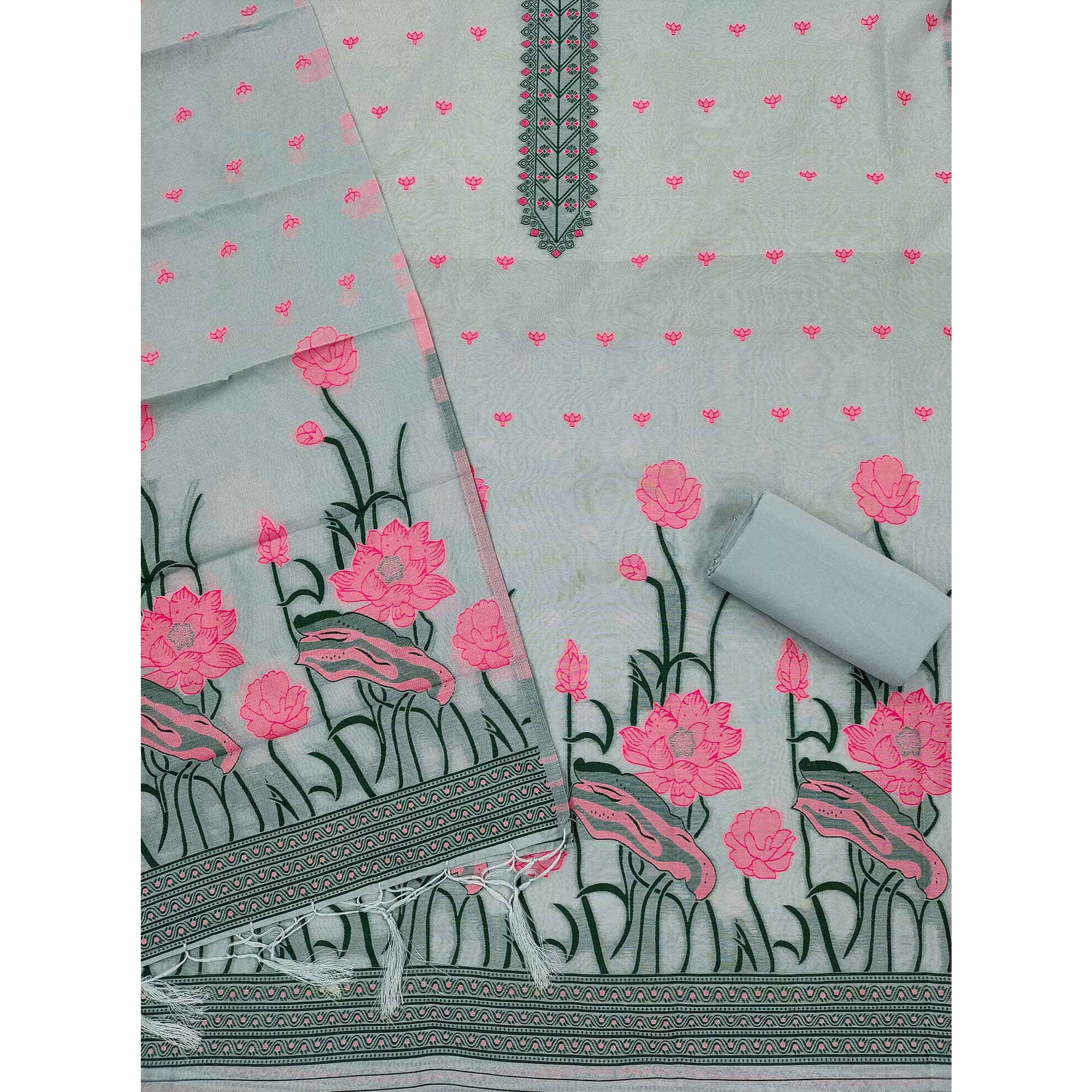 Grey Ethnic Dress Material Showcasing Handloom Style Floral Zari Weaving