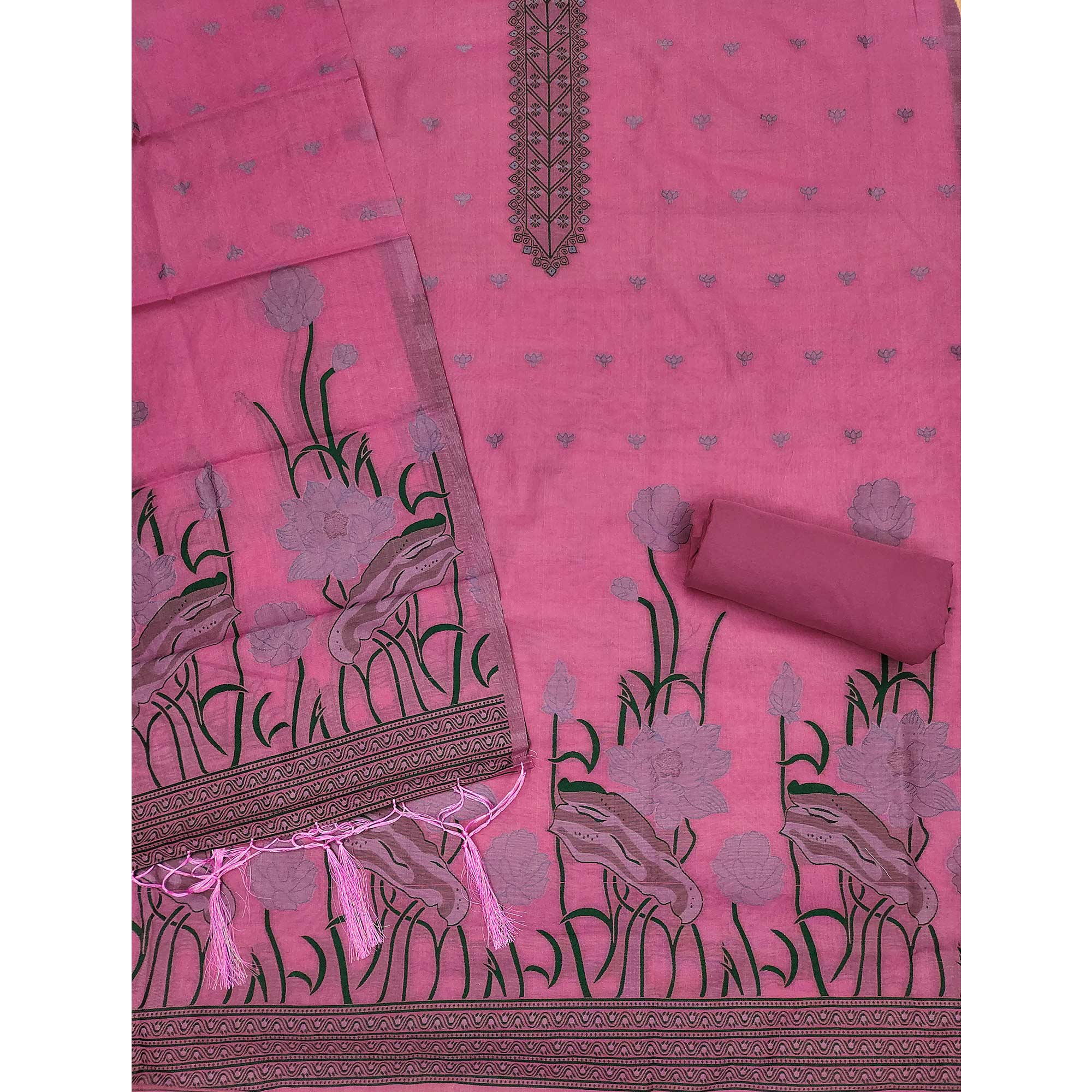 Pink Ethnic Dress Material Showcasing Handloom Style Floral Zari Weaving