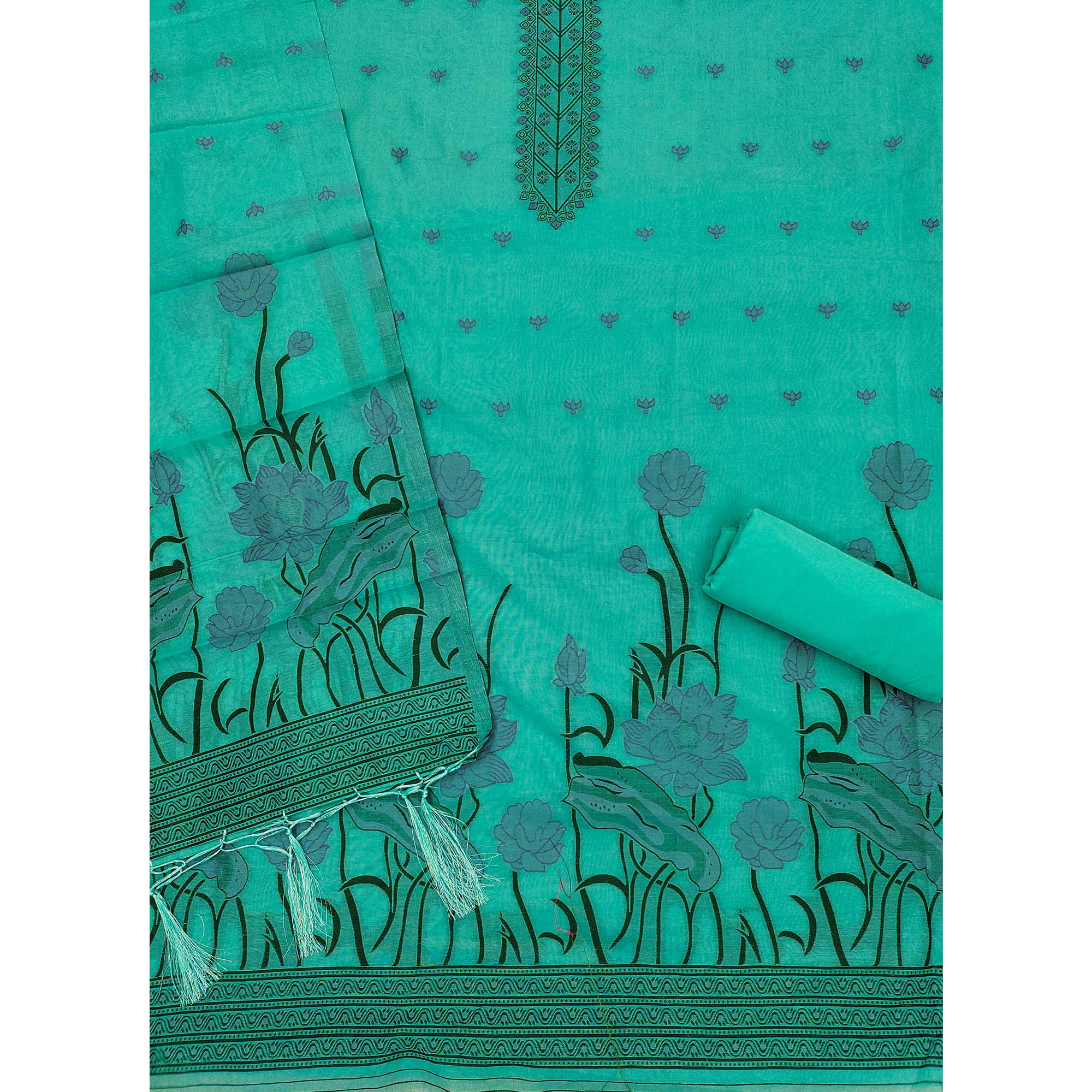 Sea Green Ethnic Dress Material Showcasing Handloom Style Floral Zari Weaving