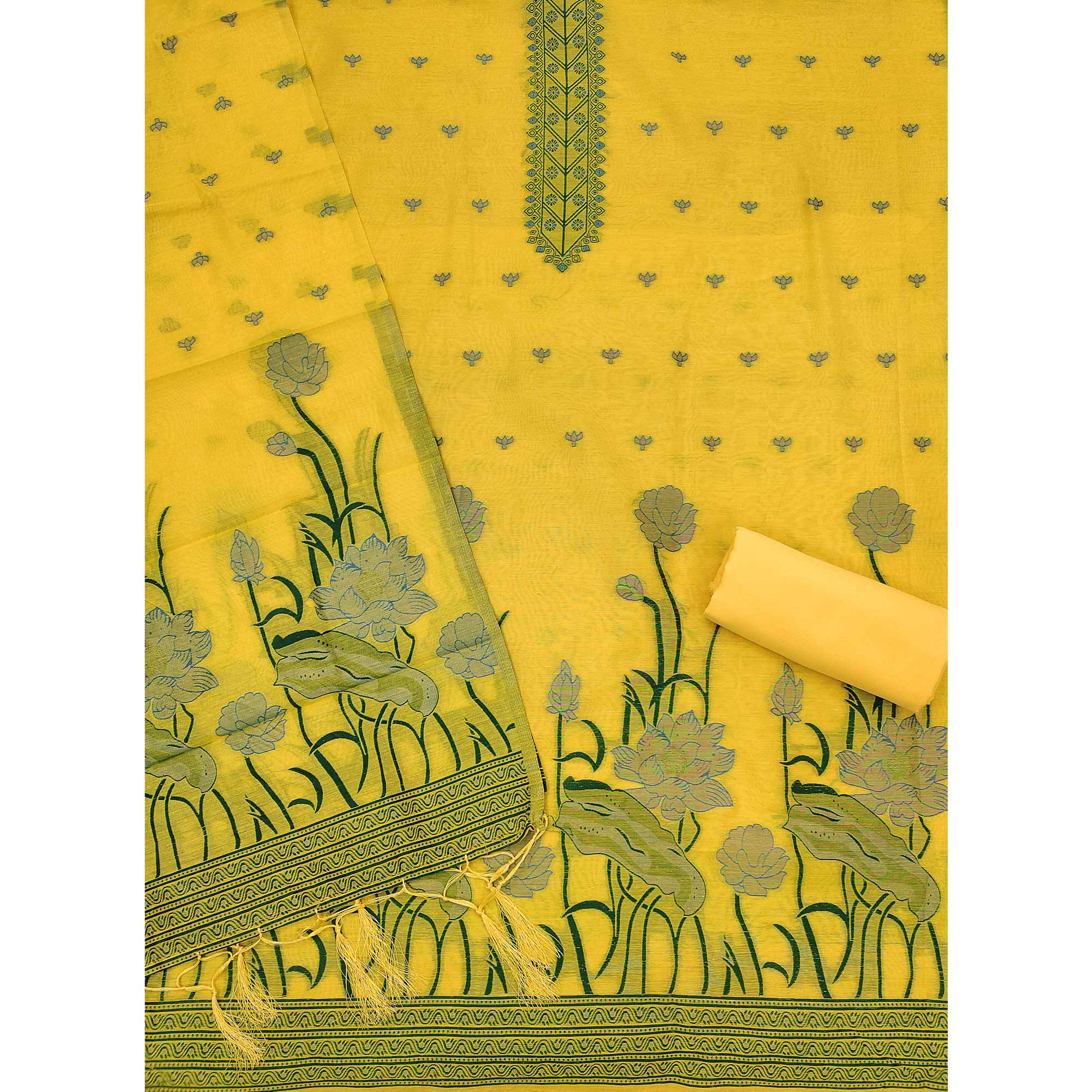 Yellow Ethnic Dress Material Showcasing Handloom Style Floral Zari Weaving