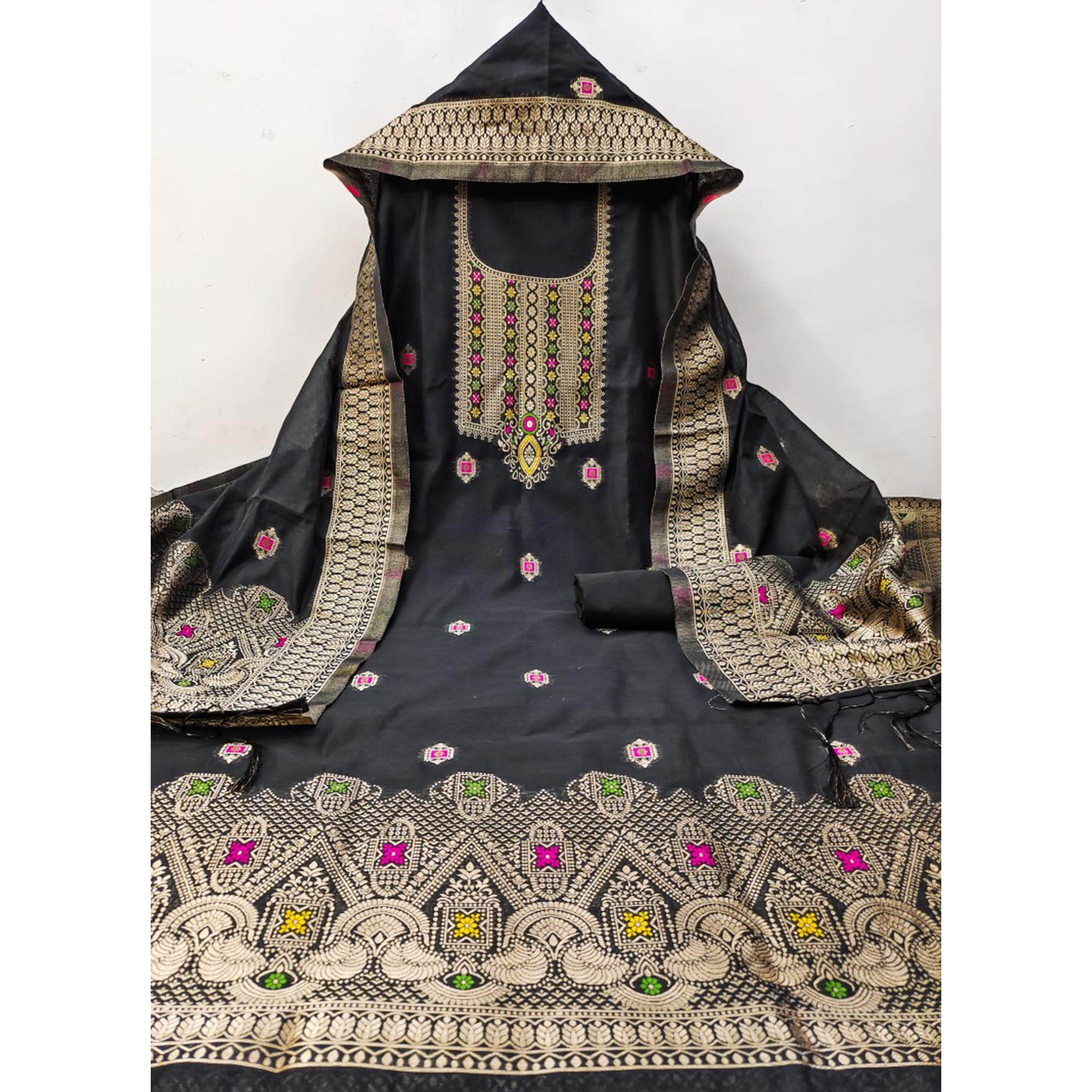 Black Floral Woven Chanderi Dress Material