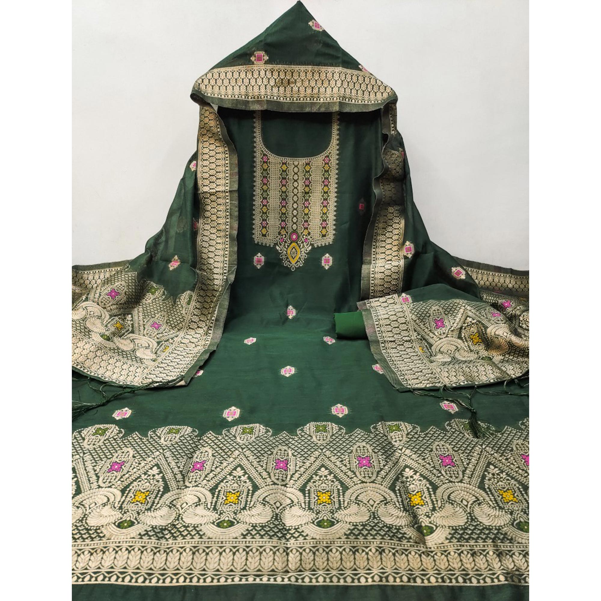 Green Floral Woven Chanderi Dress Material