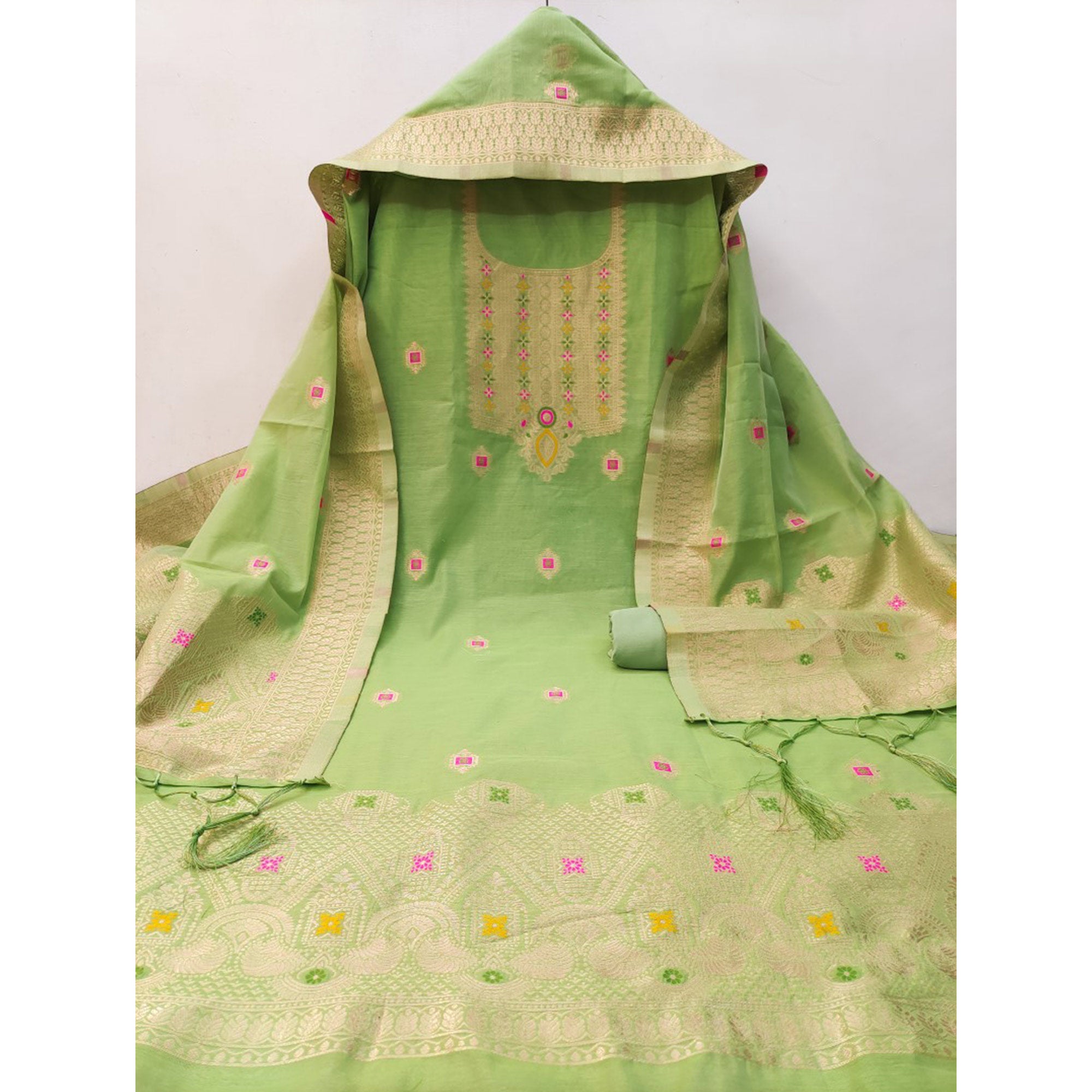 Light Green Floral Woven Chanderi Dress Material