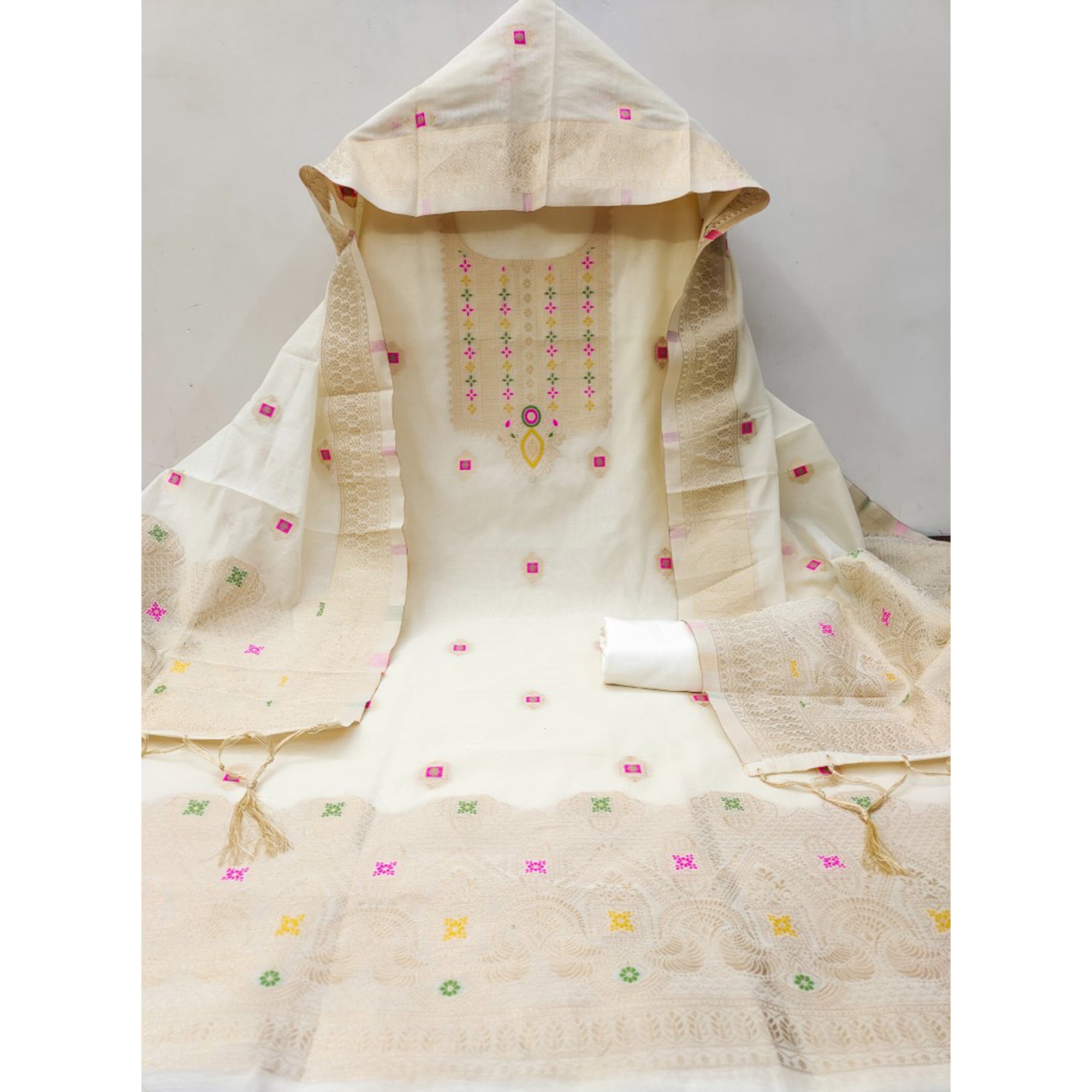 Off White Floral Woven Chanderi Dress Material