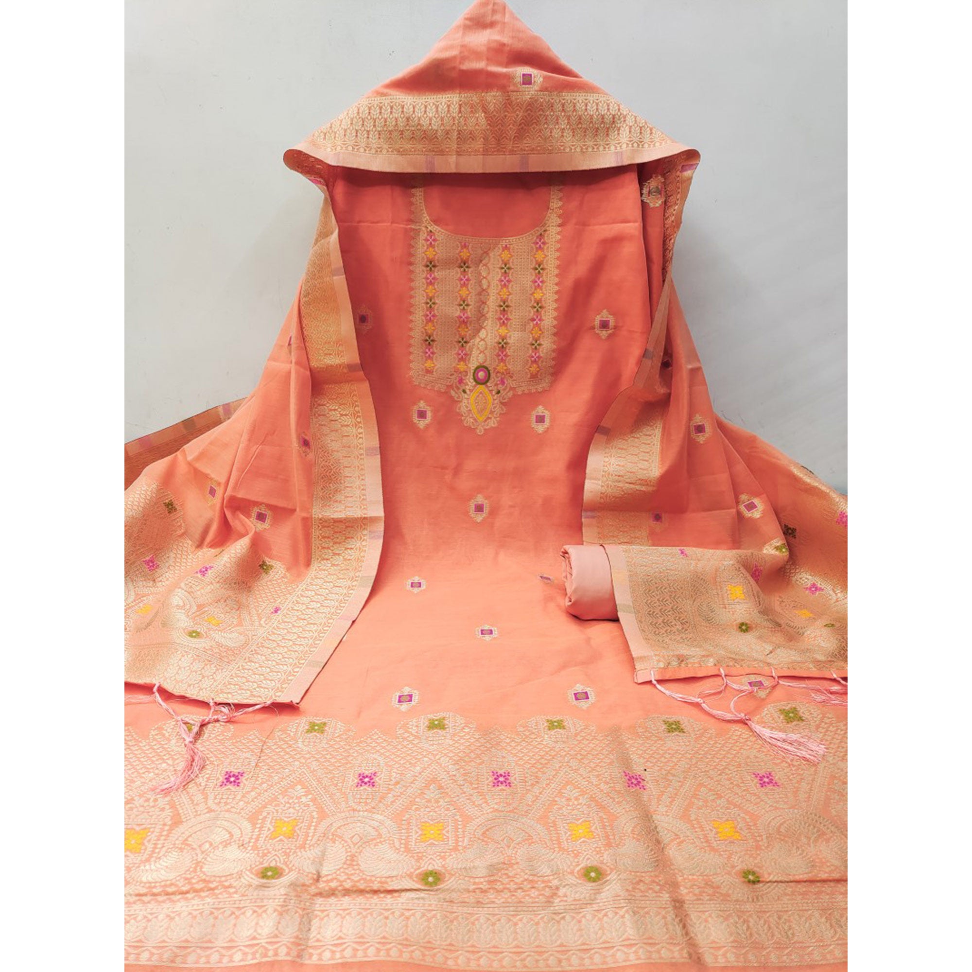 Peach Floral Woven Chanderi Dress Material