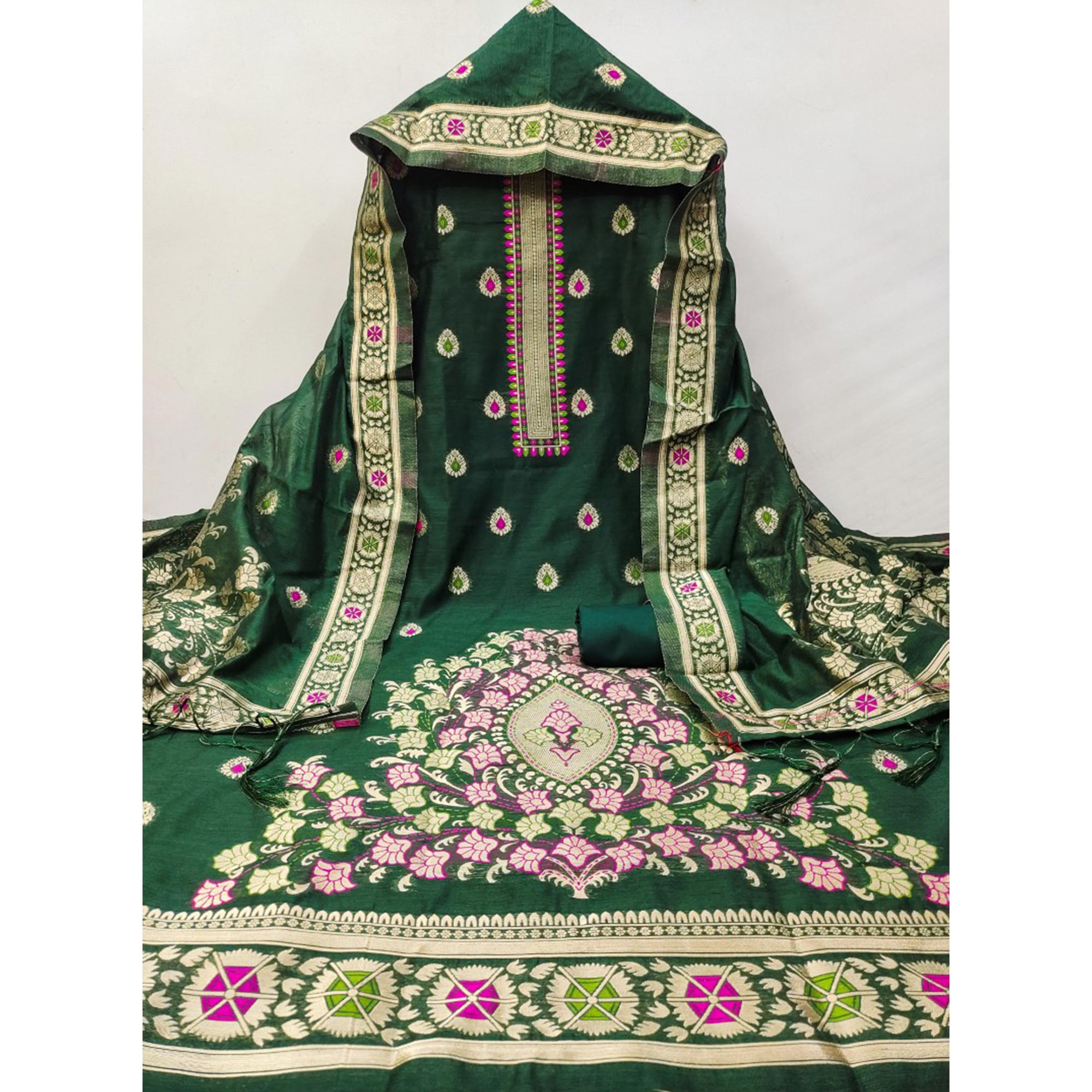 Bottle Green Floral Woven Chanderi Dress Material