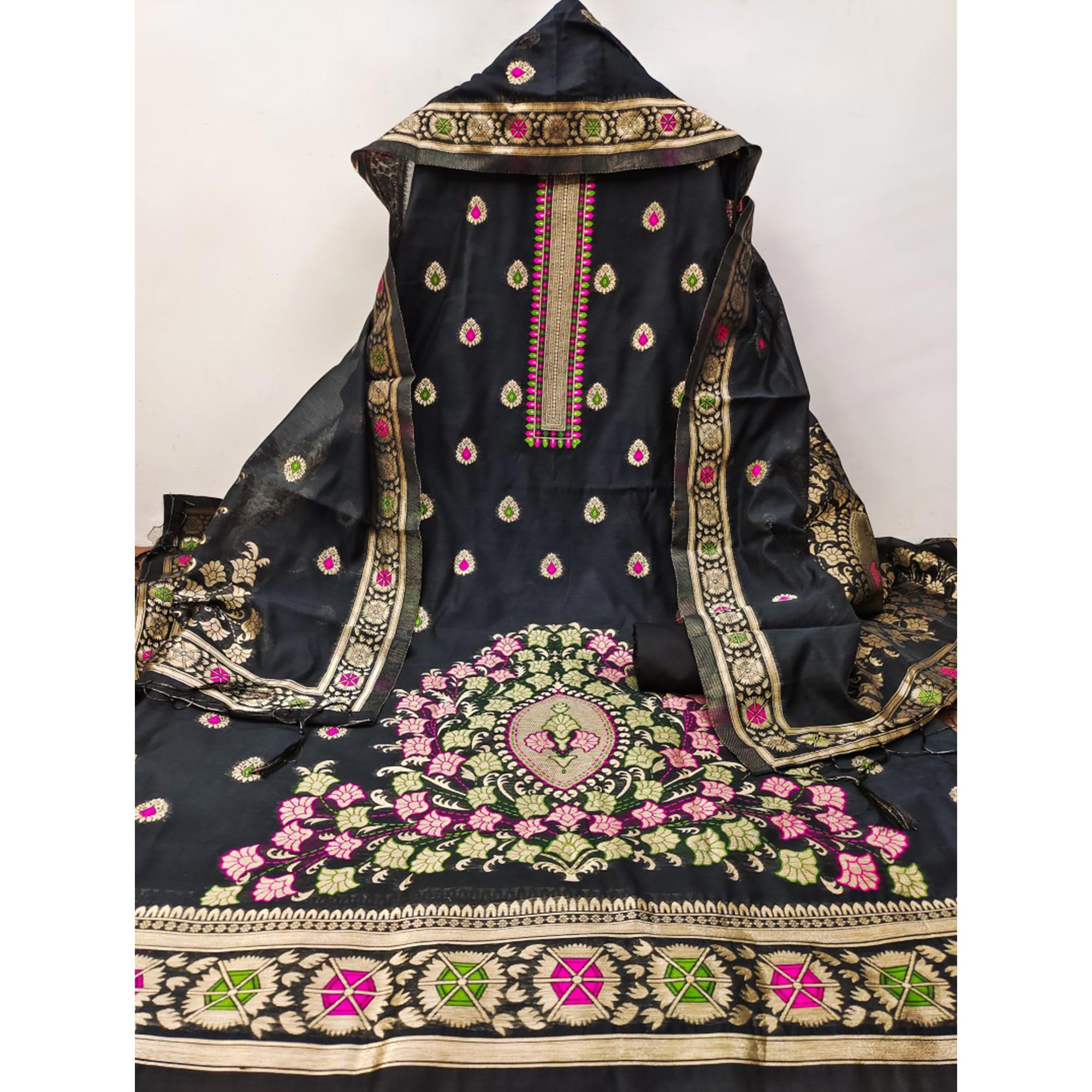 Black Floral Woven Chanderi Dress Material