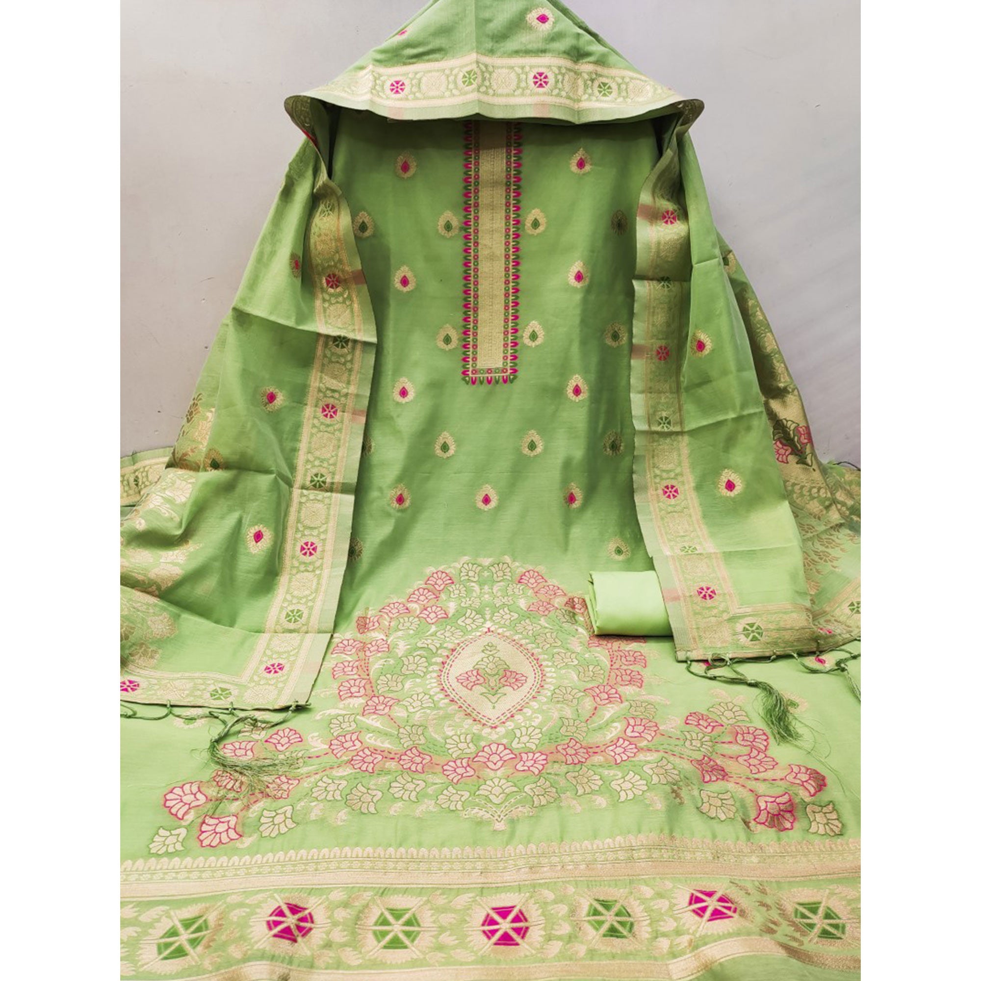 Light Green Floral Woven Chanderi Dress Material