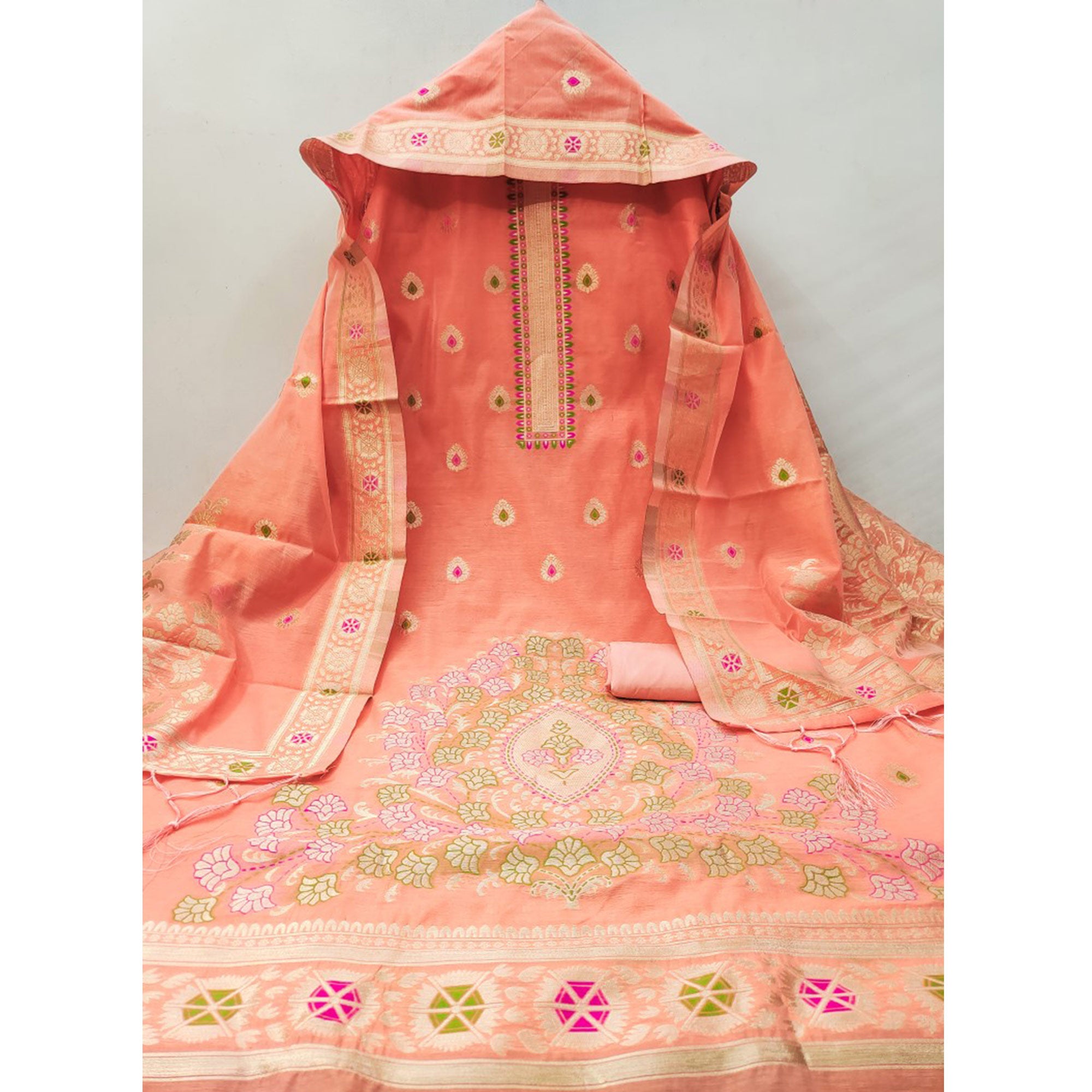 Peach Floral Woven Chanderi Dress Material