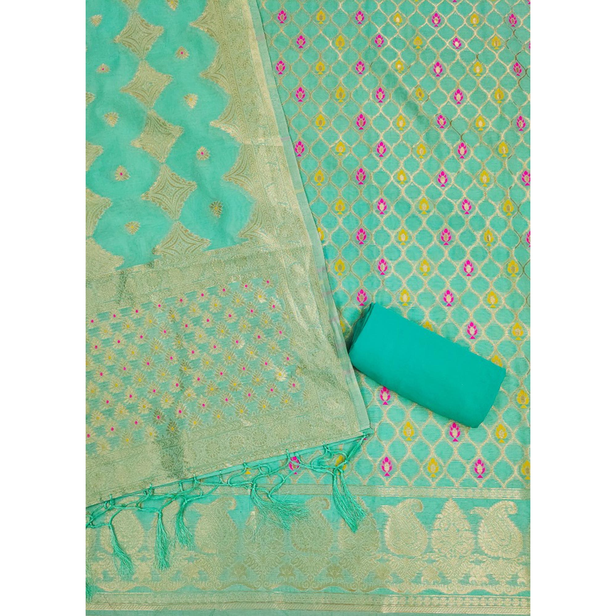 Rama Green Woven Chanderi Dress Material