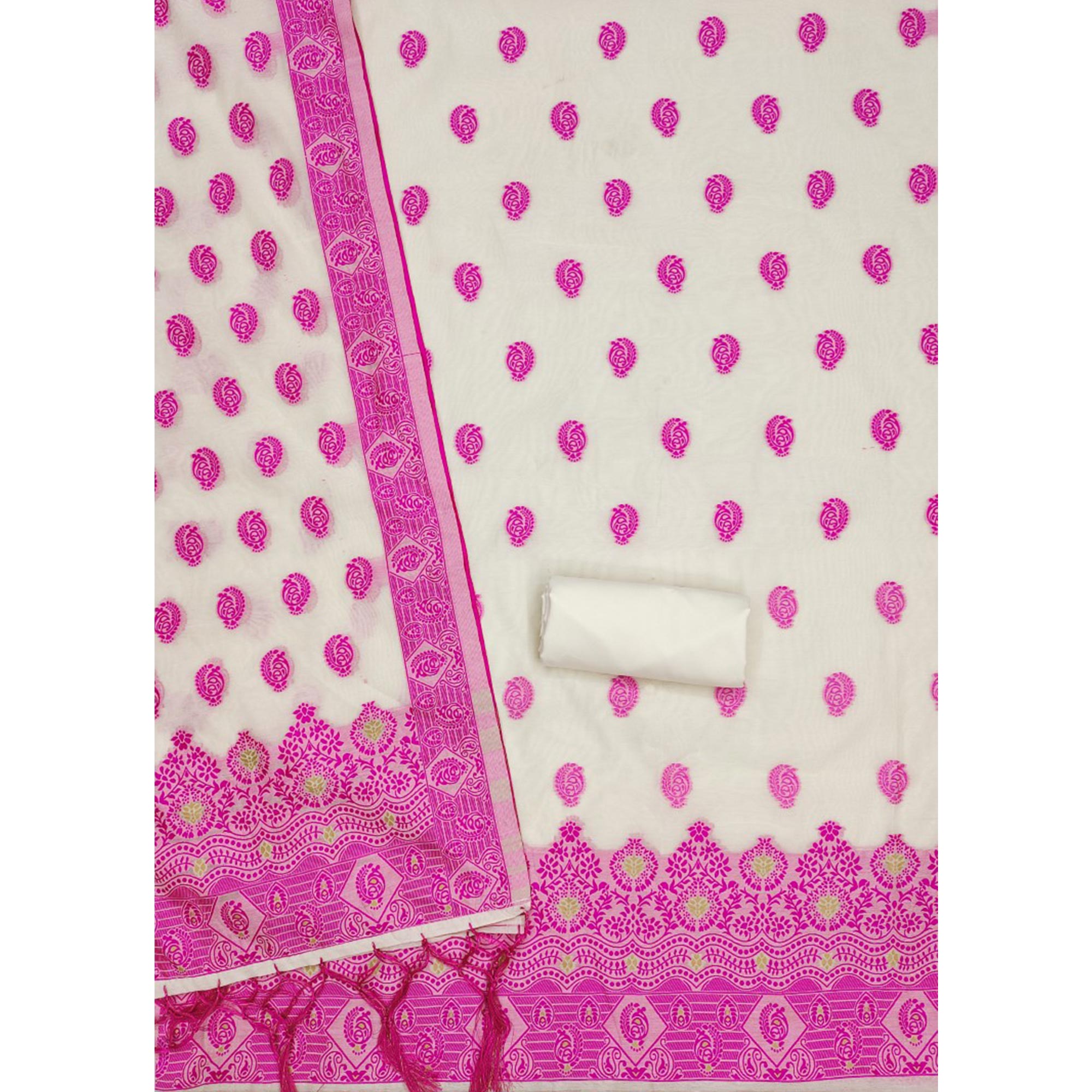 Offwhite & Pink Floral Woven Chanderi Dress Material