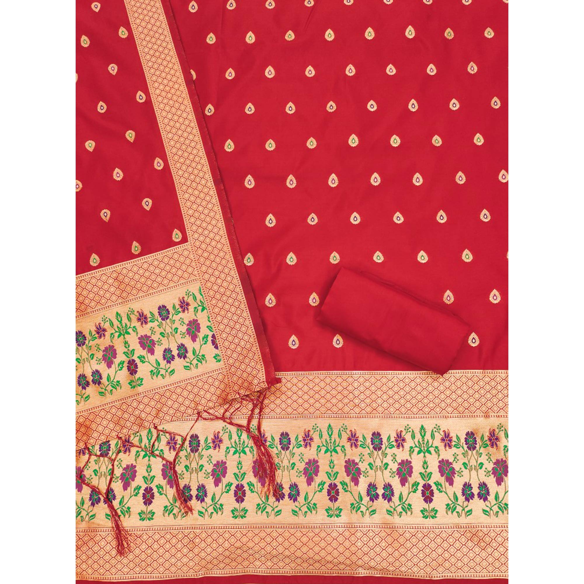 Red Floral Zari Woven Banarasi Silk Dress Material