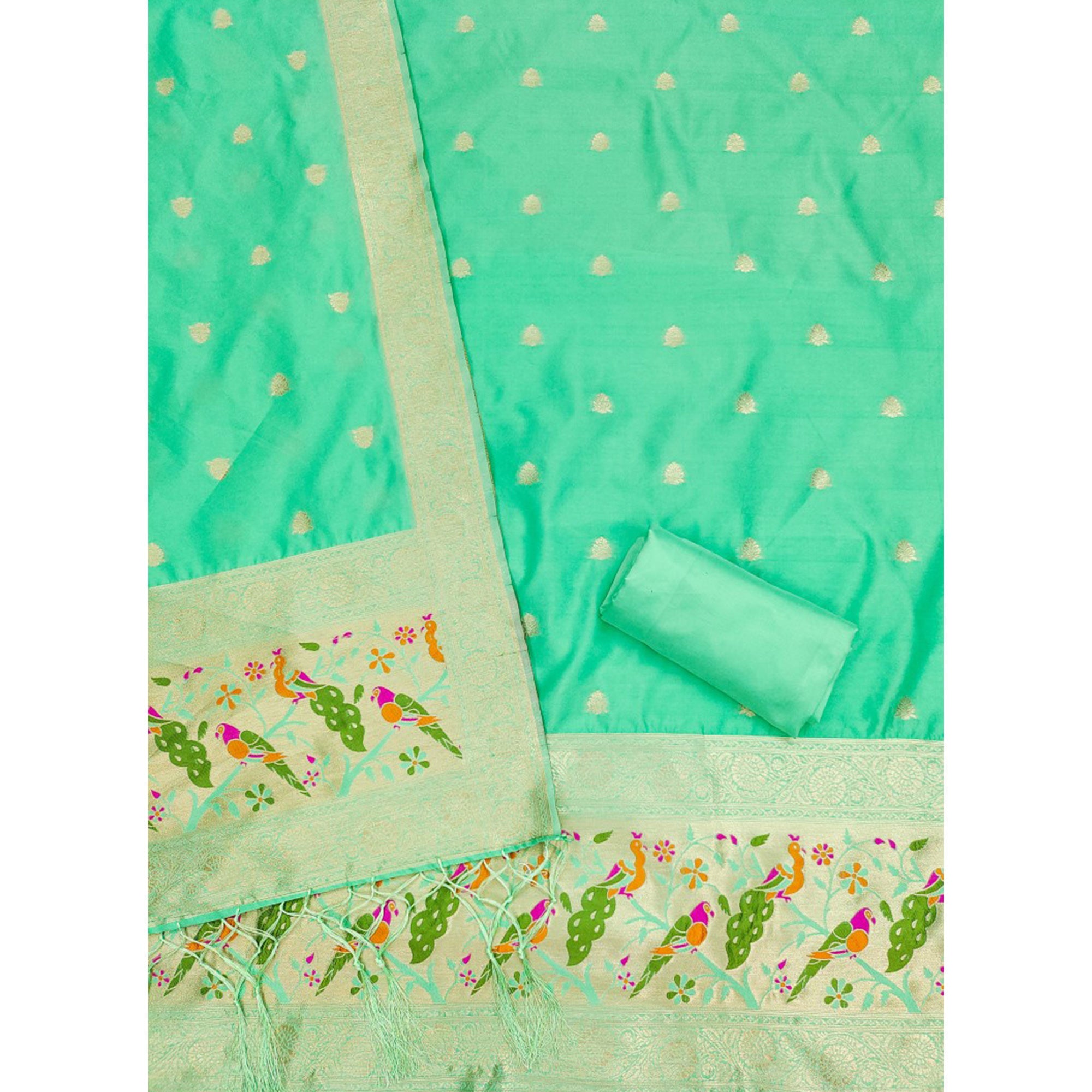 Sea Green Floral Zari Woven Banarasi Silk Dress Material
