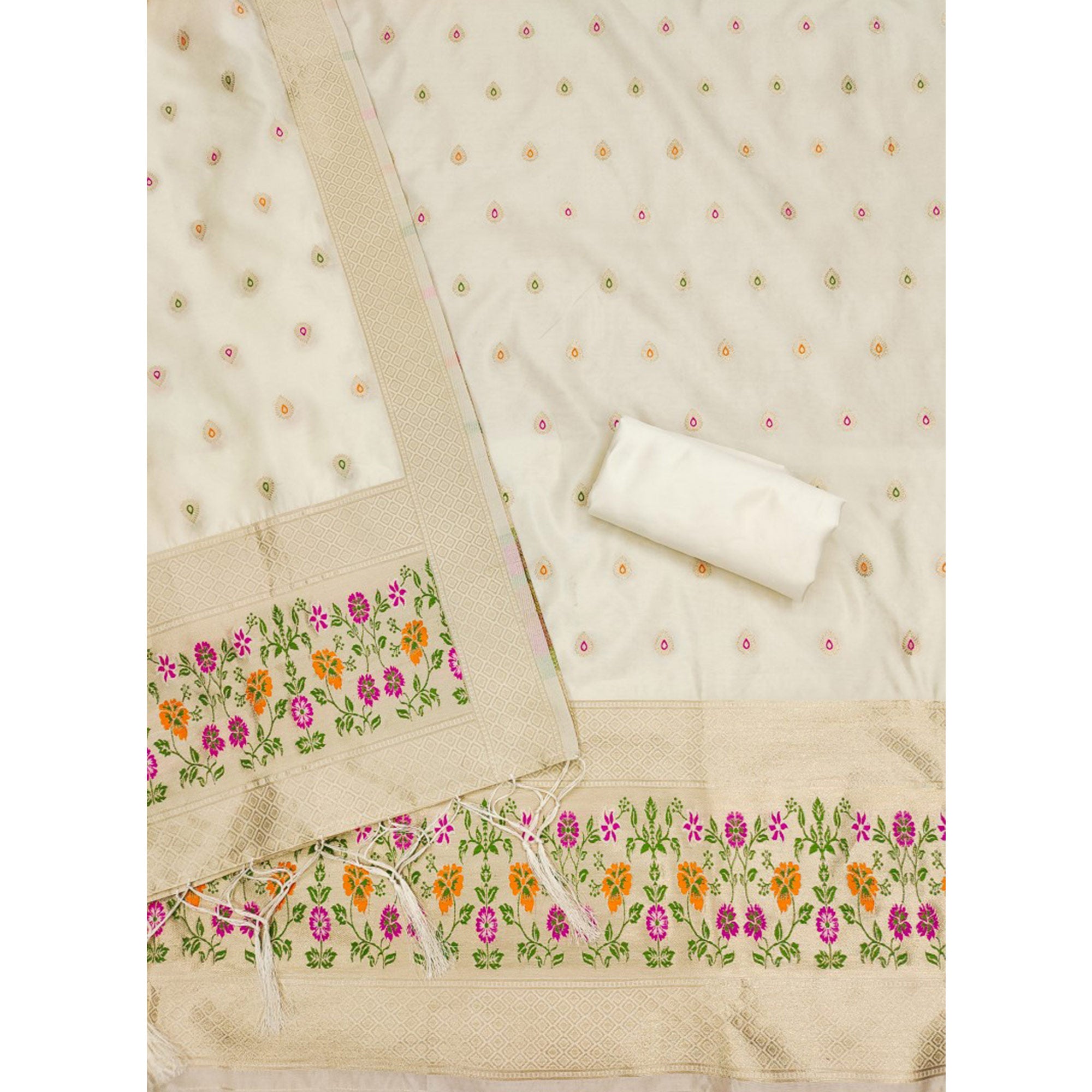 White Floral Zari Woven Banarasi Silk Dress Material