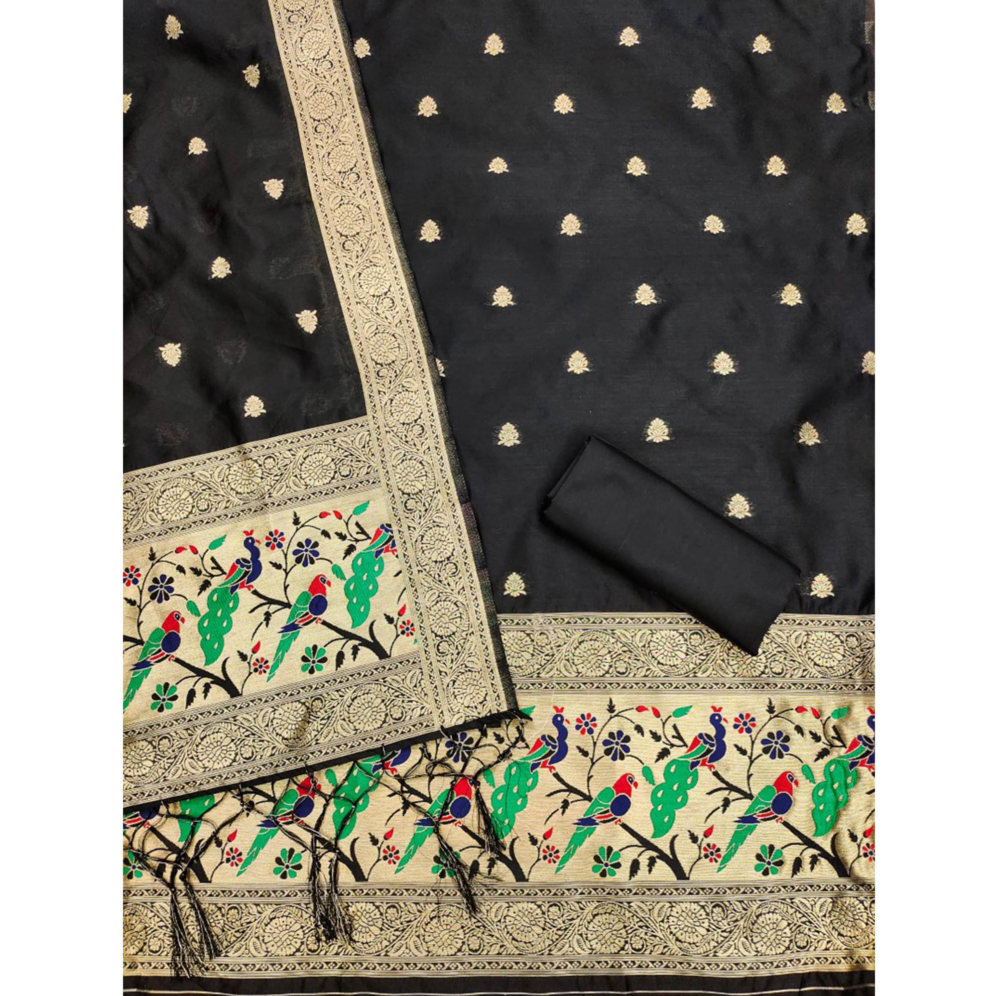 Black Floral Zari Woven Banarasi Silk Dress Material