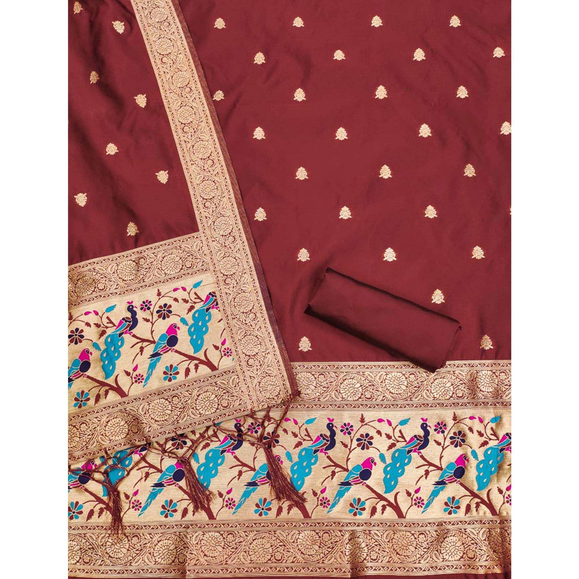 Maroon Floral Zari Woven Banarasi Silk Dress Material
