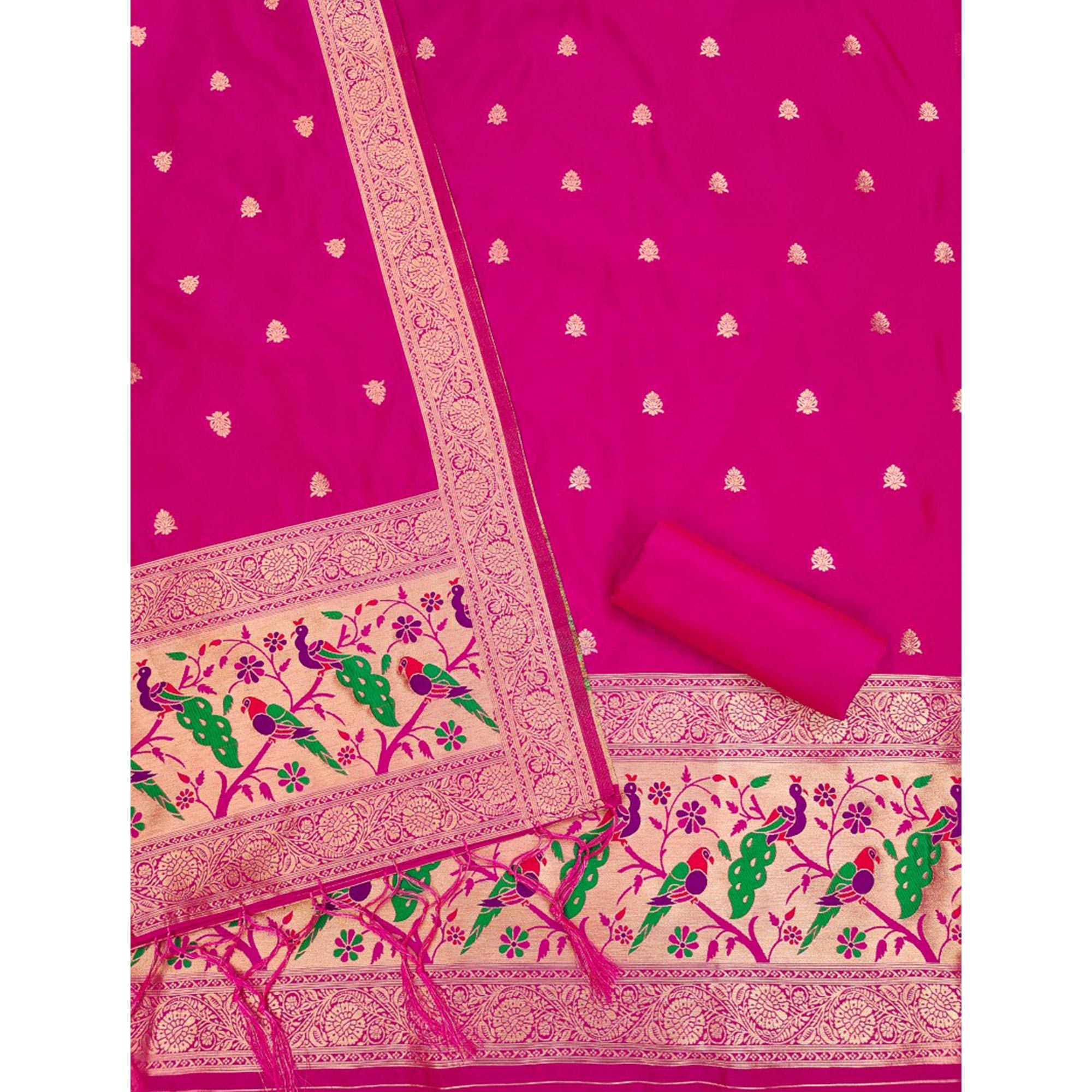 Rani Pink Floral Zari Woven Banarasi Silk Dress Material