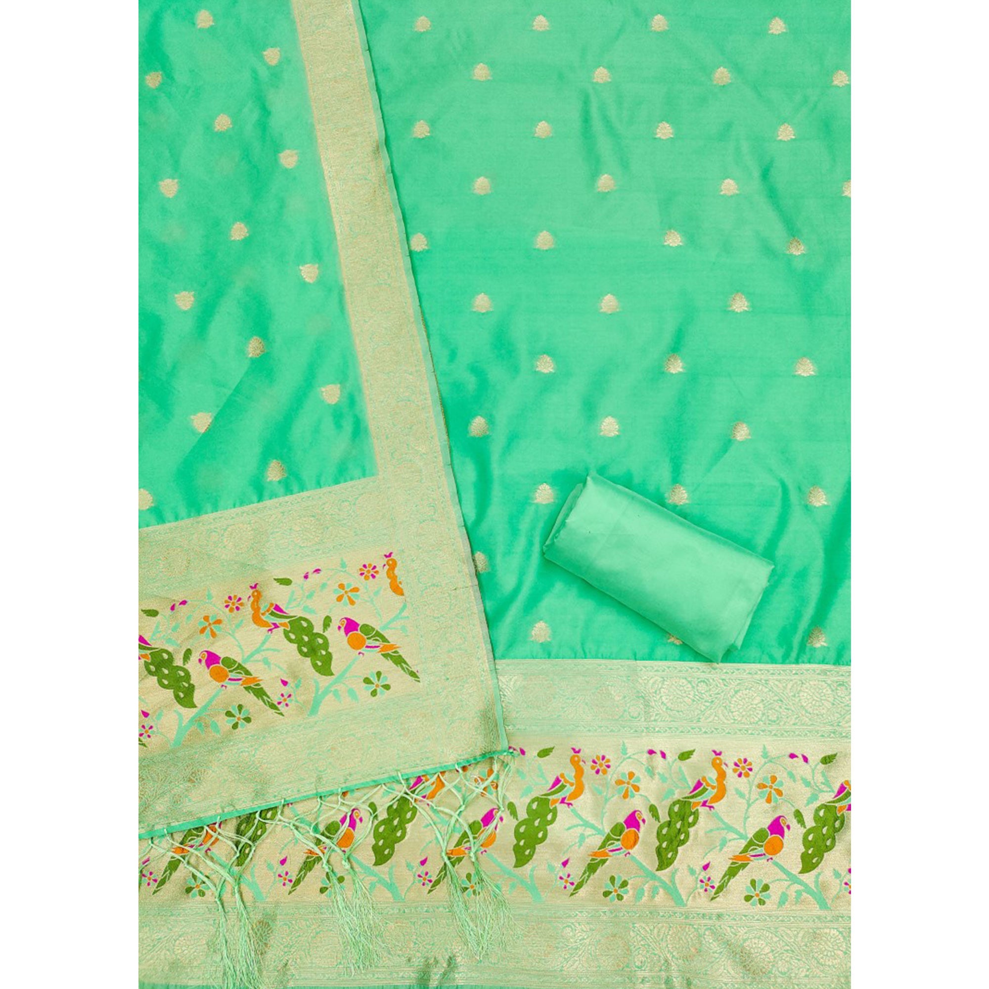 Sea Green Floral Zari Woven Banarasi Silk Dress Material