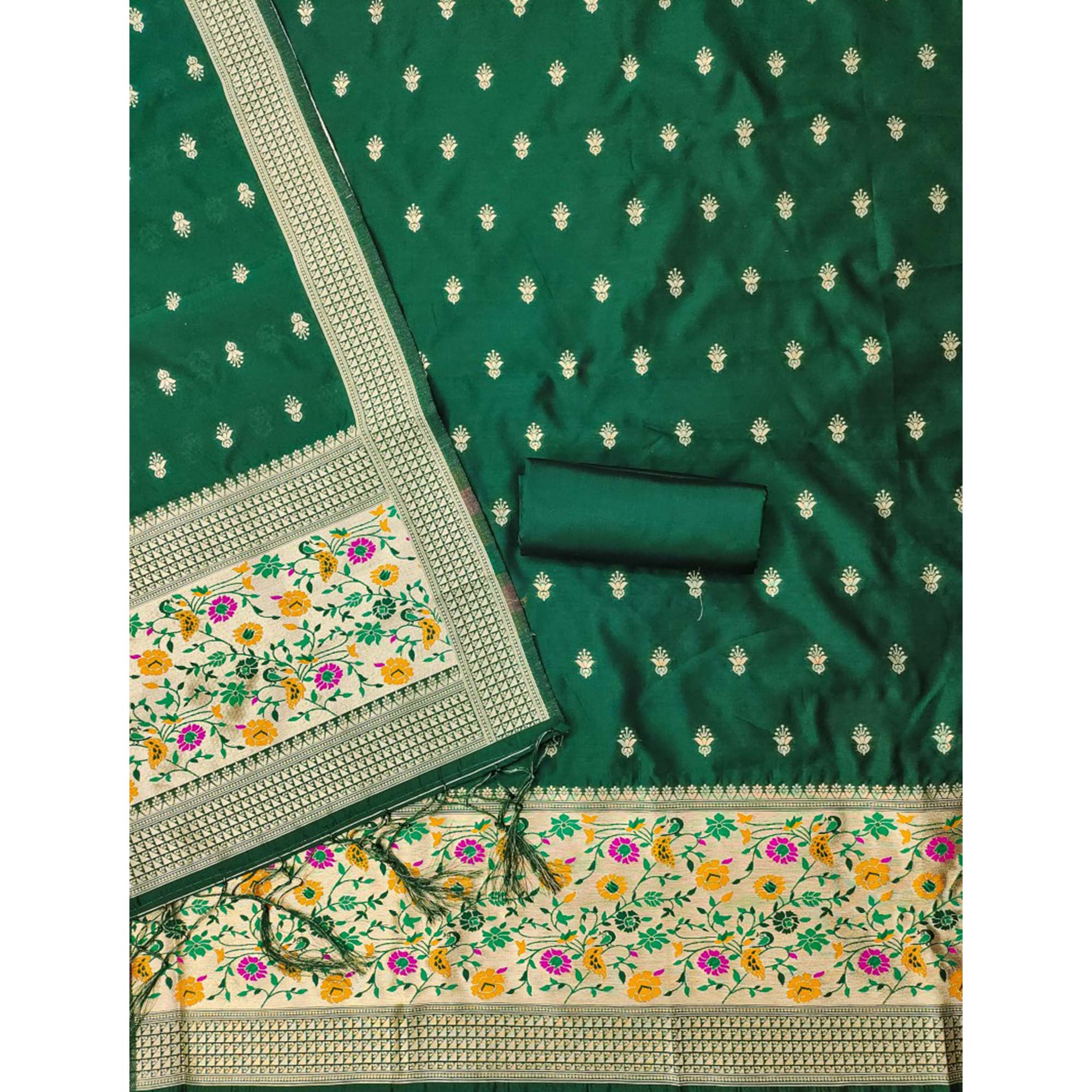 Bottle Green Floral Zari Woven Banarasi Silk Dress Material