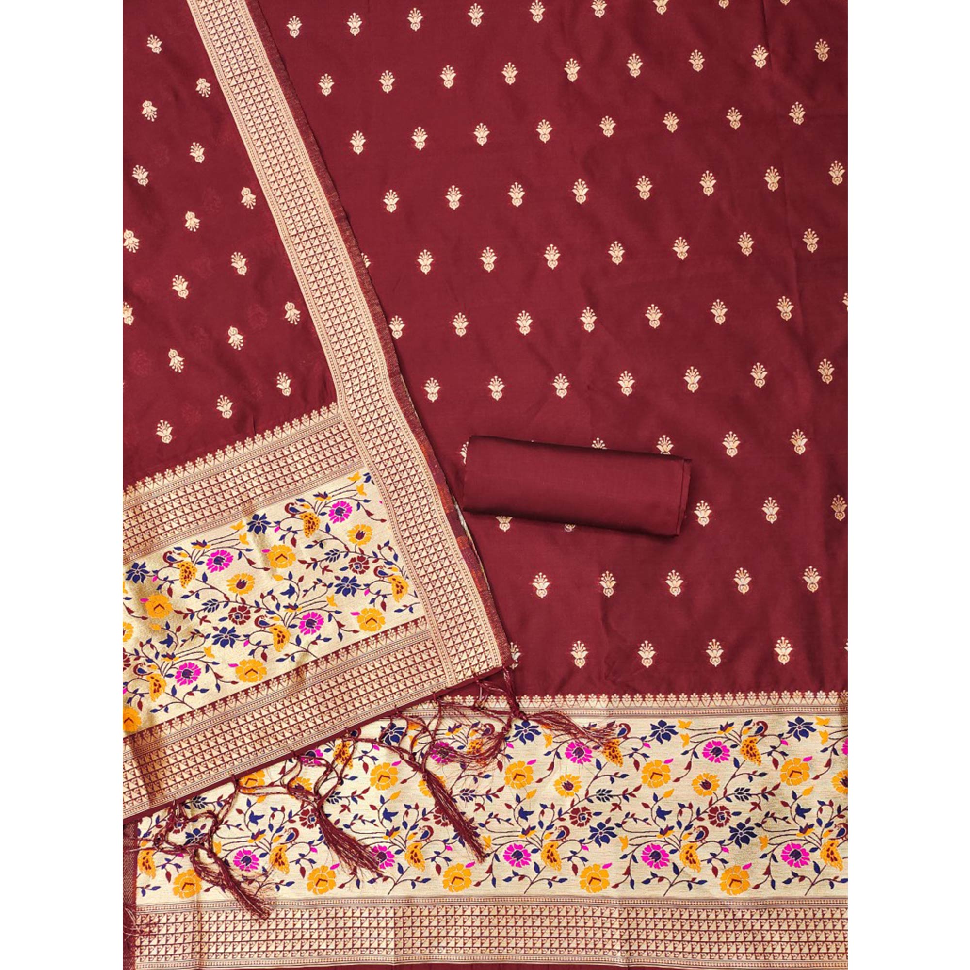 Maroon Floral Zari Woven Banarasi Silk Dress Material