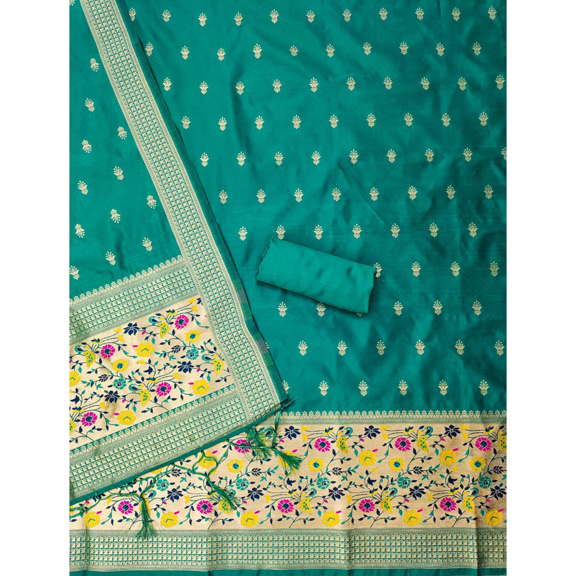 Rama Green Floral Zari Woven Banarasi Silk Dress Material