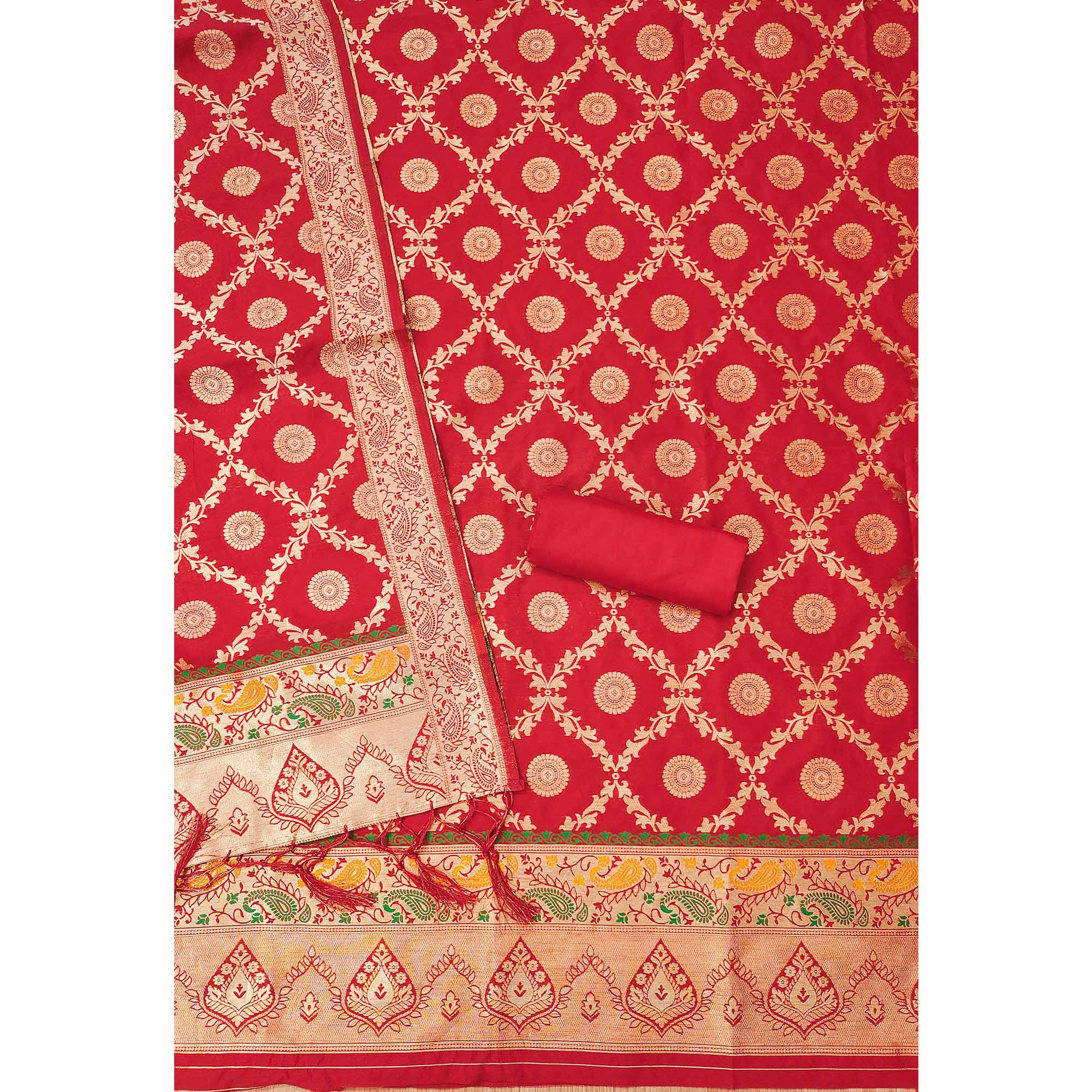 Red Zari Woven Banarasi Silk Dress Material With Elegant Floral Motifs