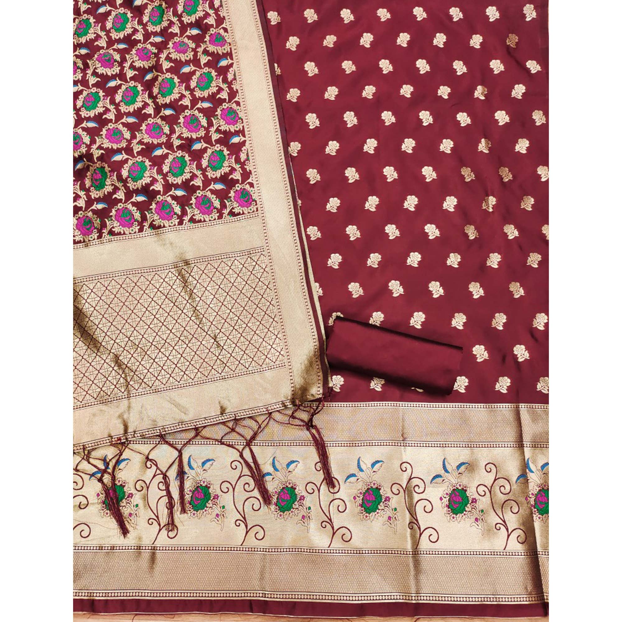 Maroon Floral Woven Banarasi Silk Dress Material