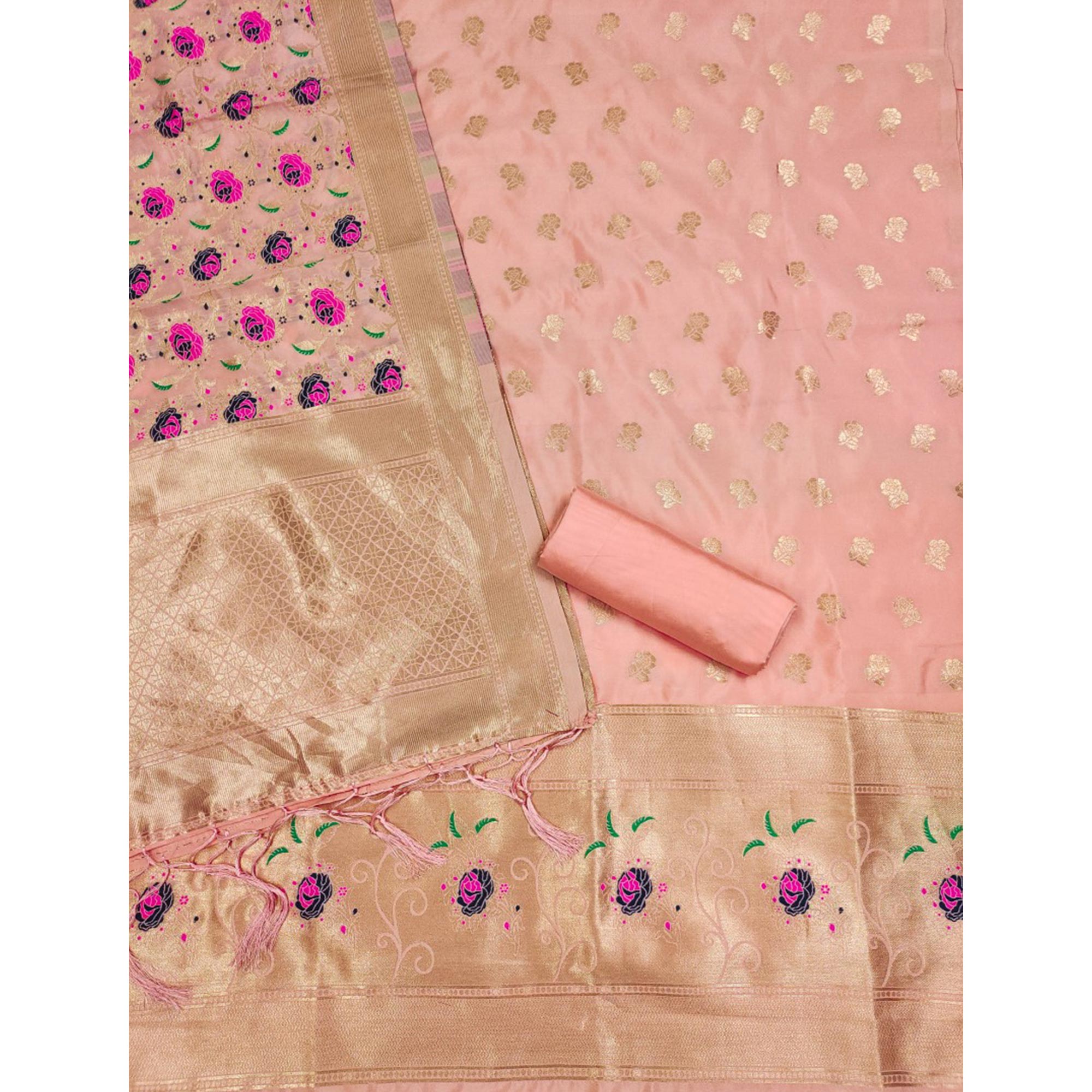 Peach Floral Woven Banarasi Silk Dress Material