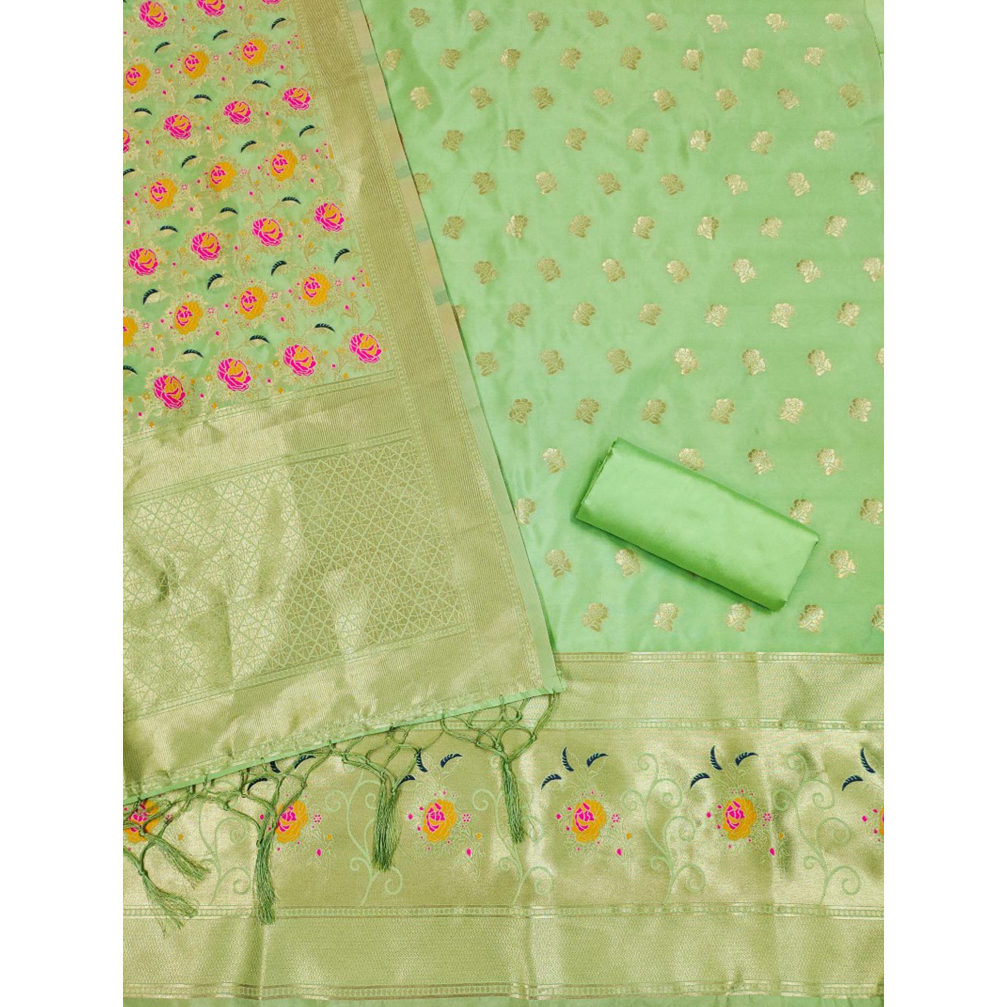 Pista Green Floral Woven Banarasi Silk Dress Material