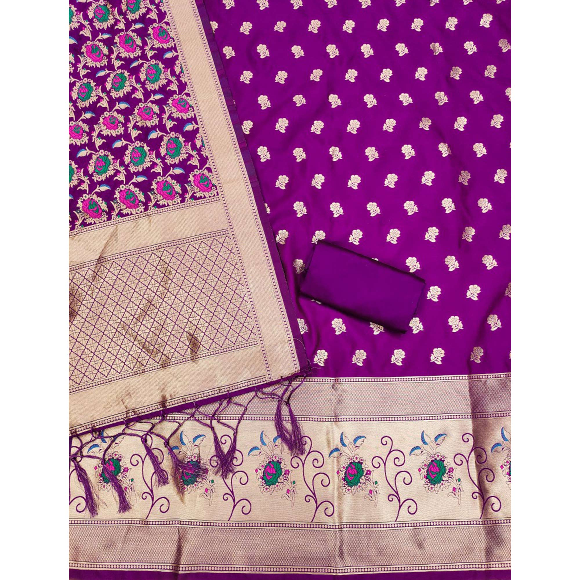 Purple Floral Woven Banarasi Silk Dress Material