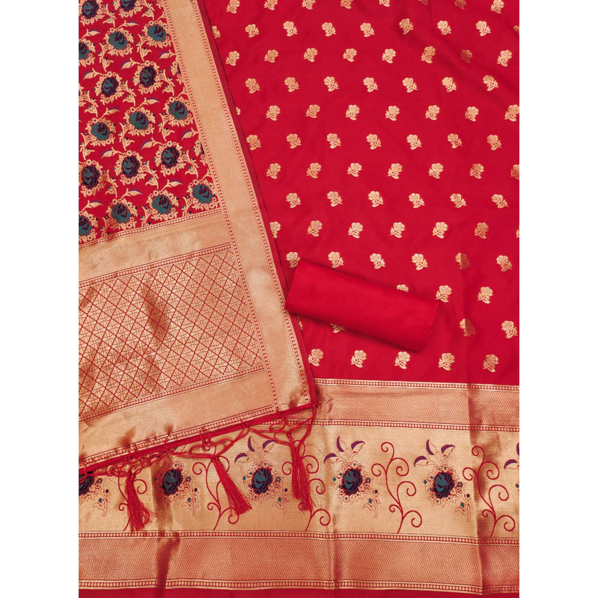 Red Floral Woven Banarasi Silk Dress Material