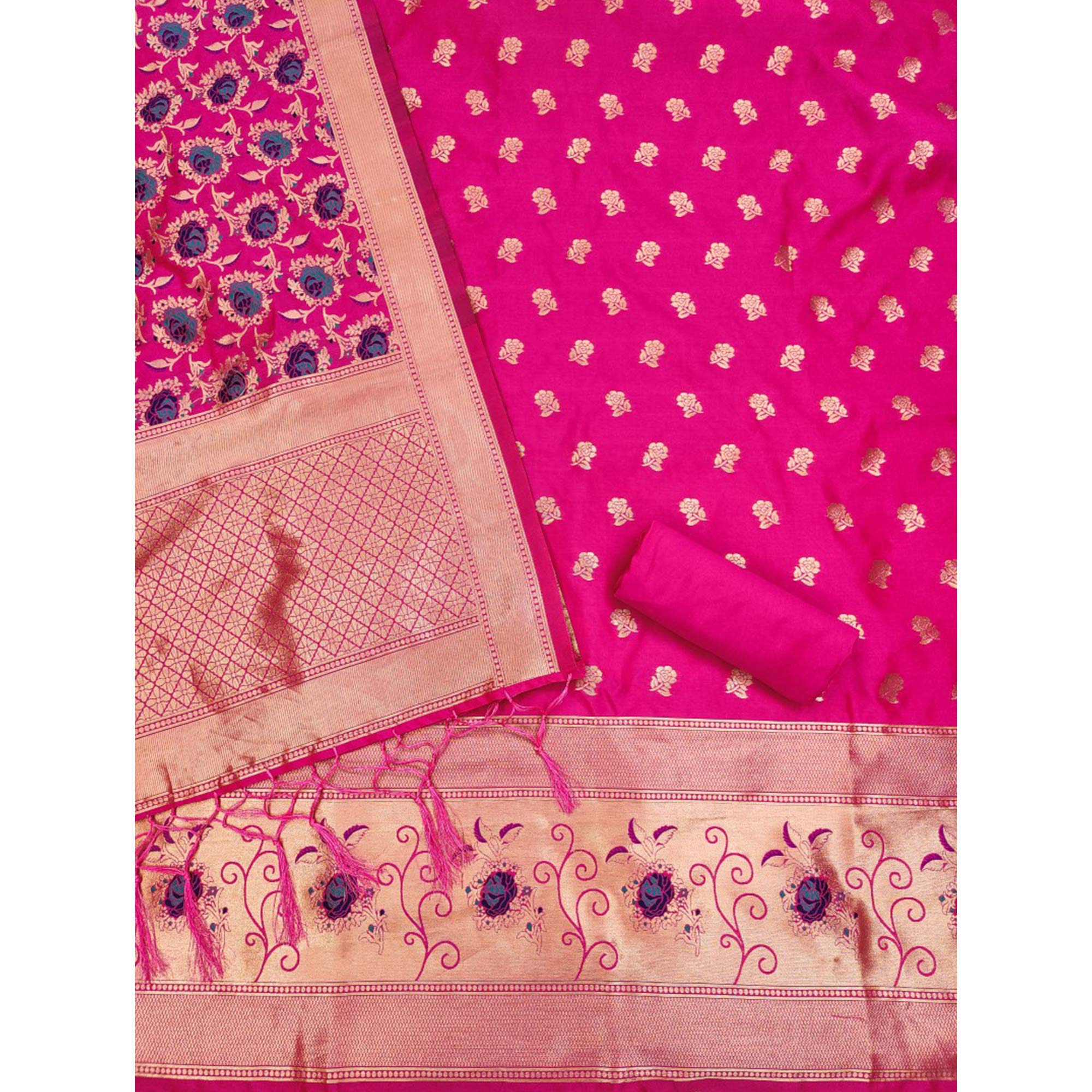 Rani Pink Floral Woven Banarasi Silk Dress Material