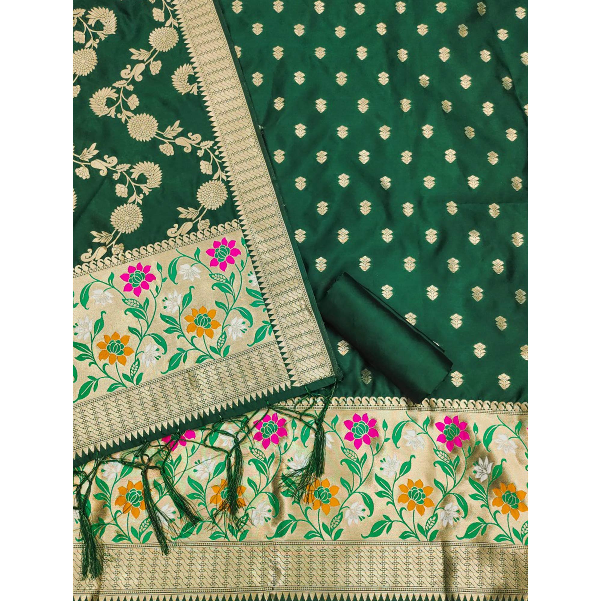 Green Floral Woven Banarasi Silk Dress Material