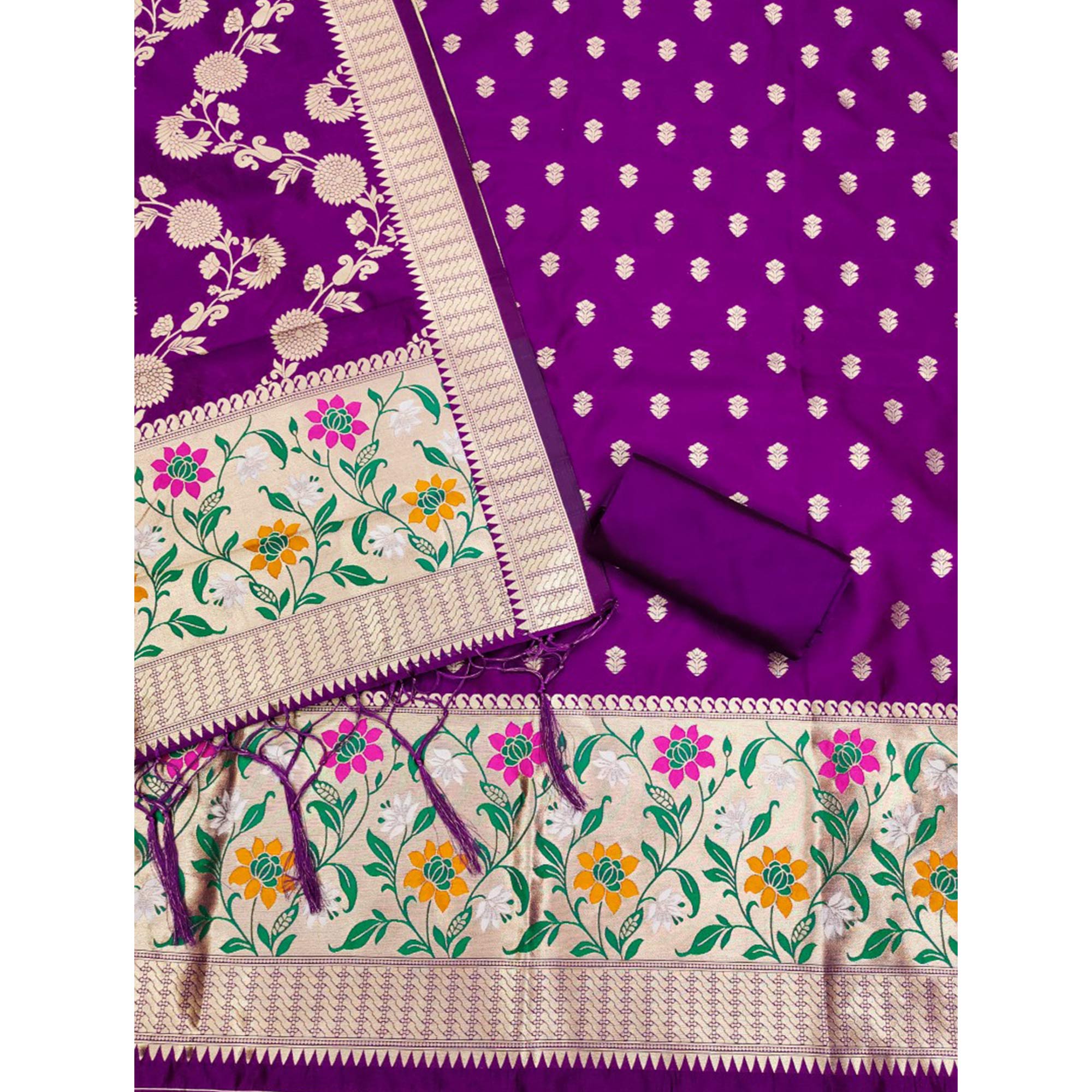 Purple Floral Woven Banarasi Silk Dress Material