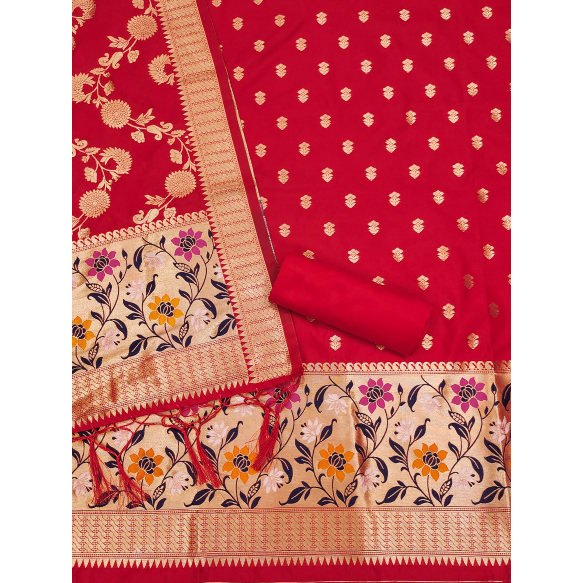 Red Floral Woven Banarasi Silk Dress Material