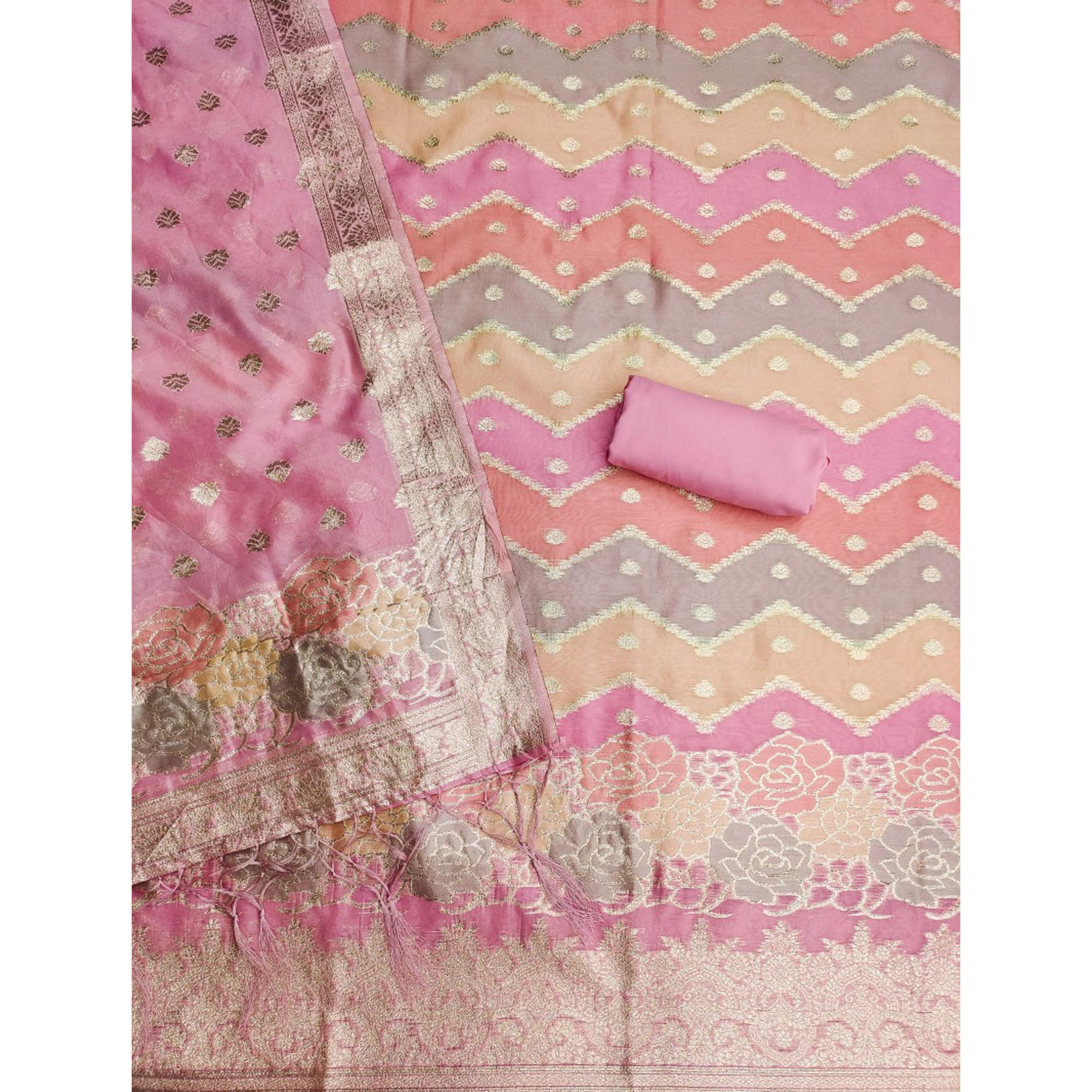 Pink Floral Woven Organza Dress Material